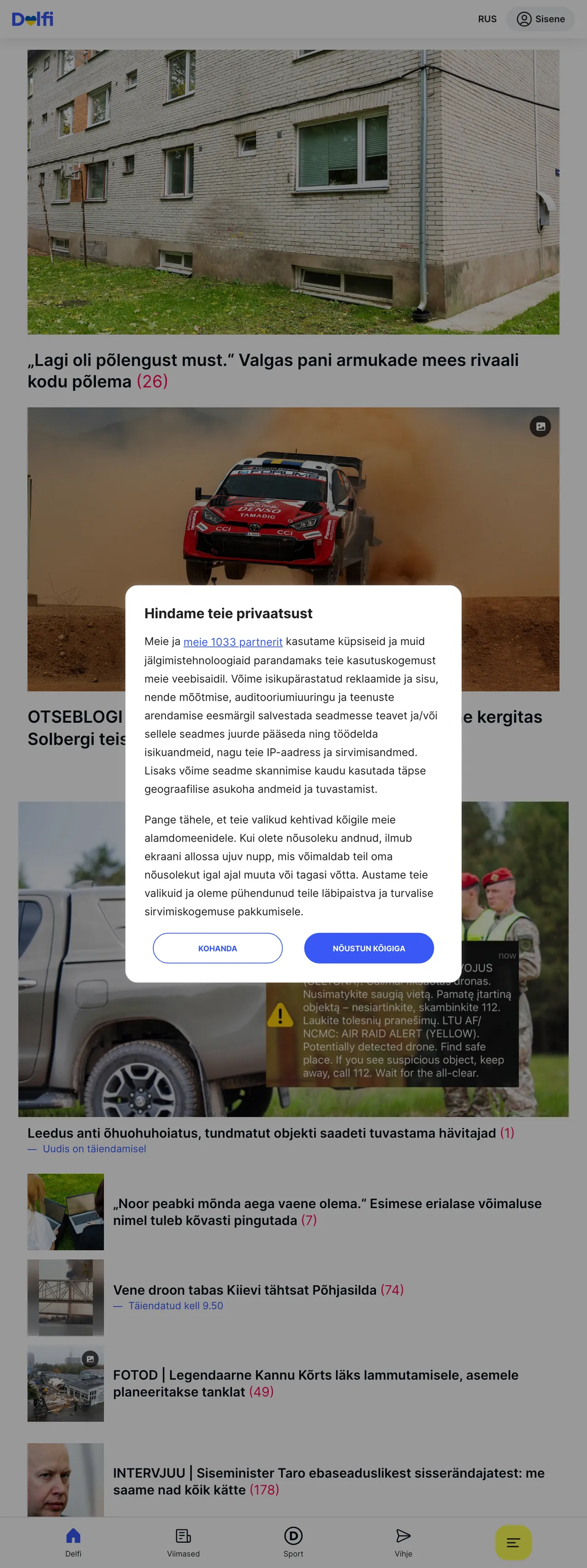 Screenshot of the Delfi front page