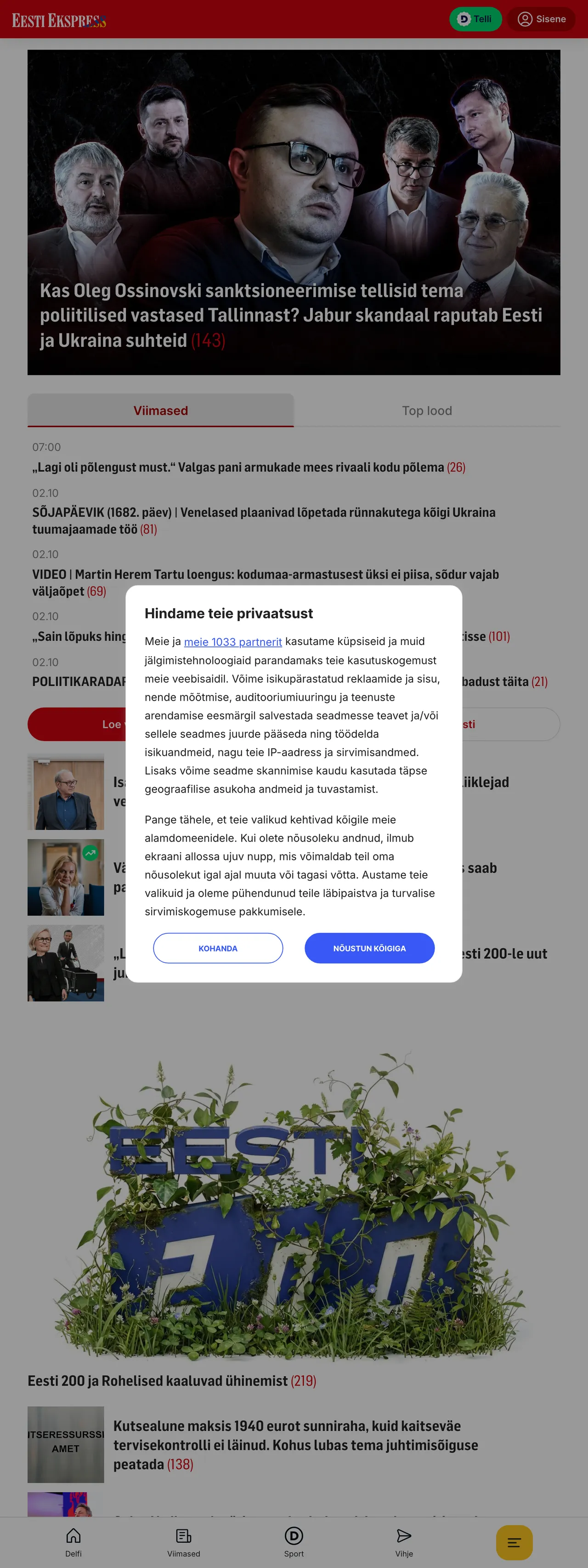 Screenshot of the Eesti Ekspress front page