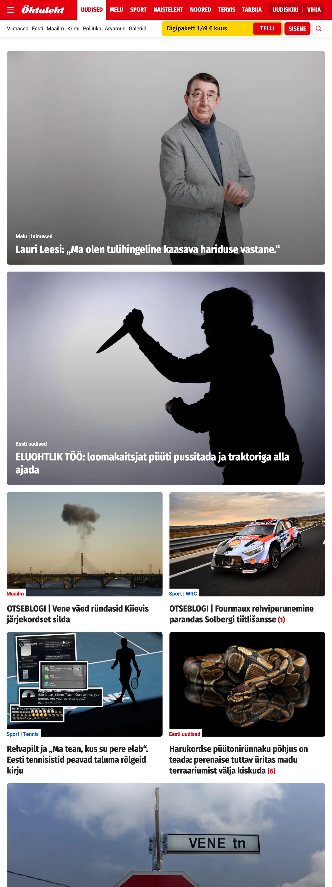 Screenshot of the Õhtuleht front page