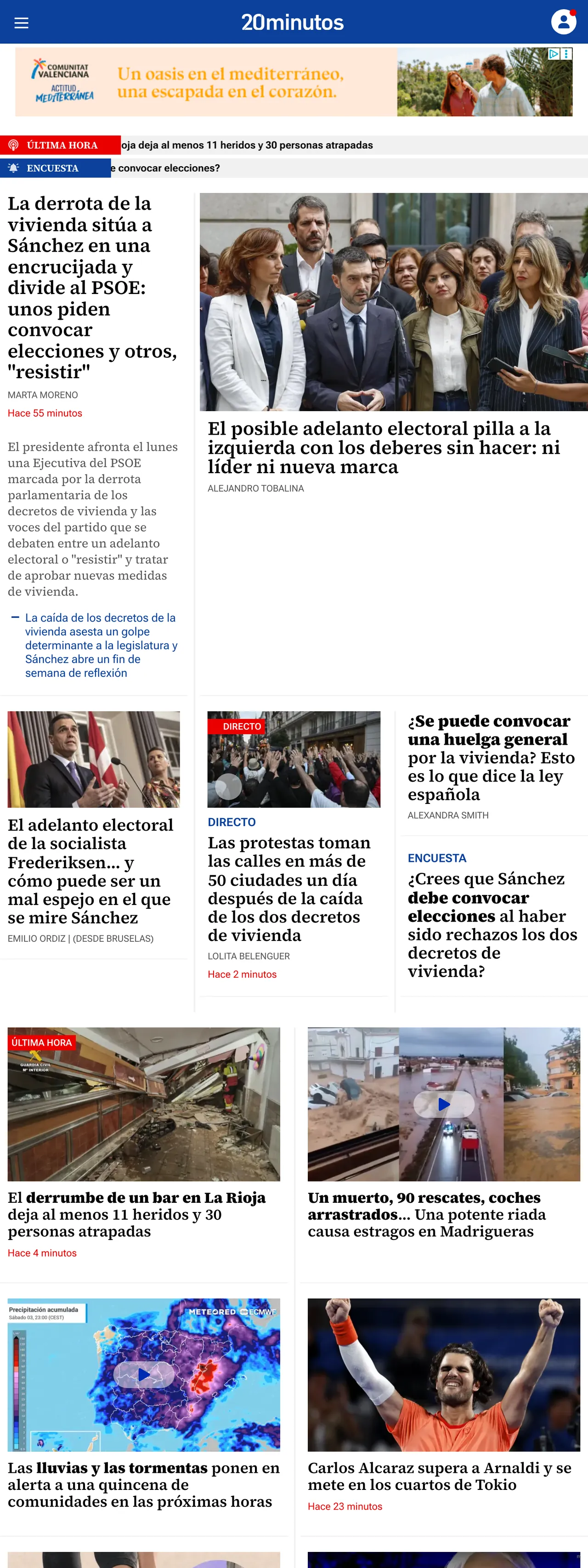 Screenshot of the 20minutos front page