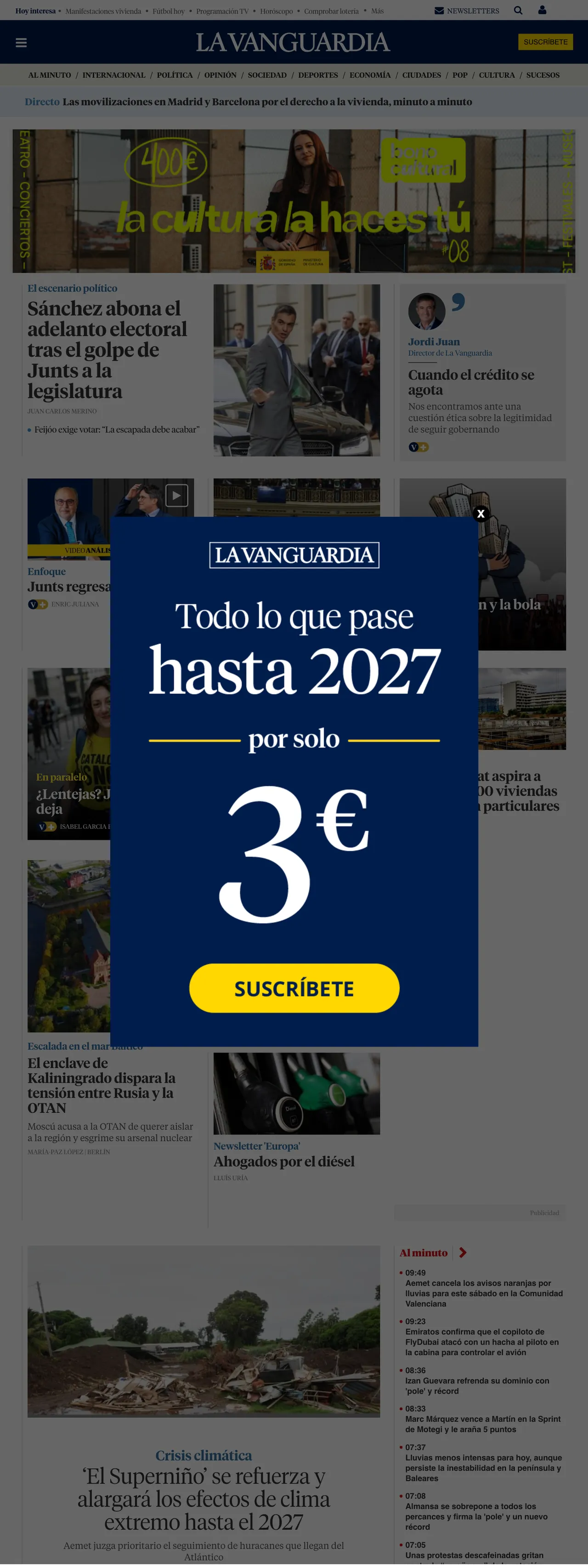 Screenshot of the La Vanguardia front page