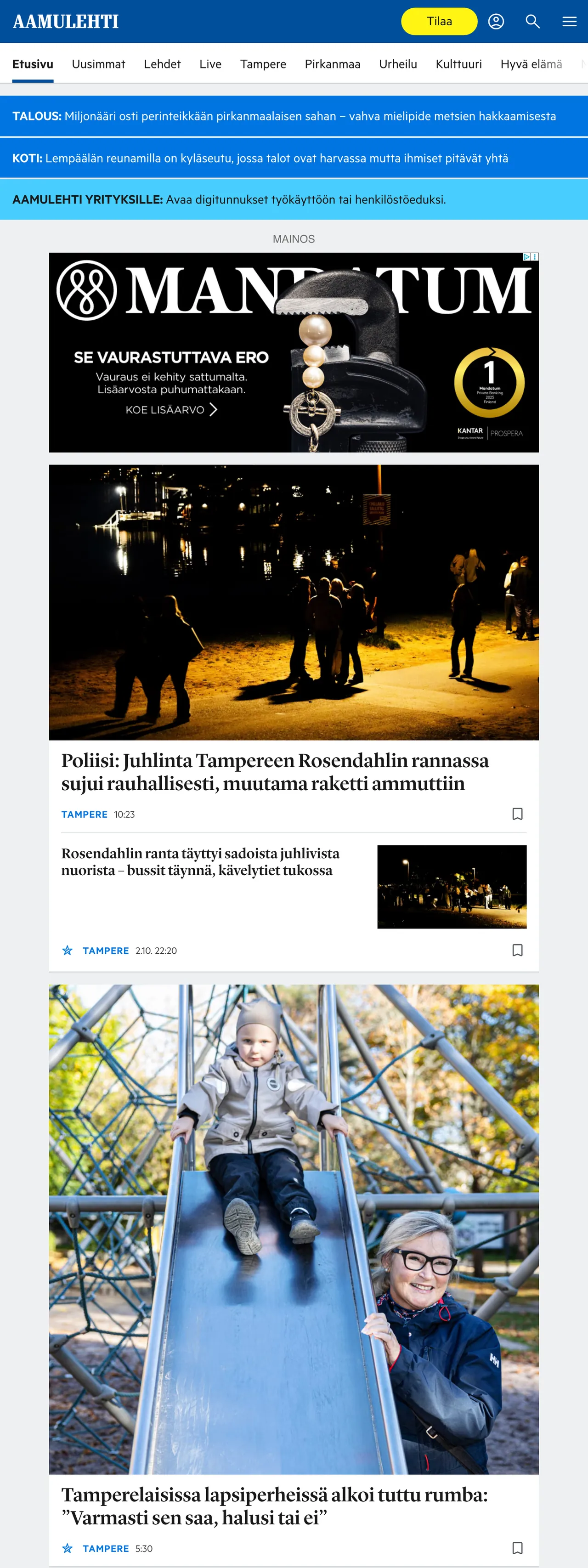 Screenshot of the Aamulehti front page