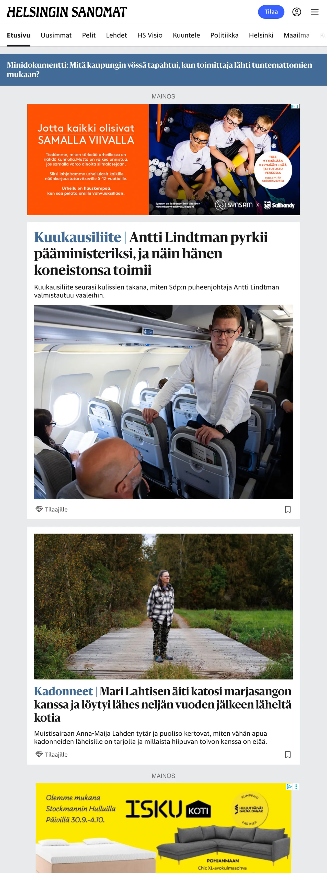 Screenshot of the Helsingin Sanomat front page