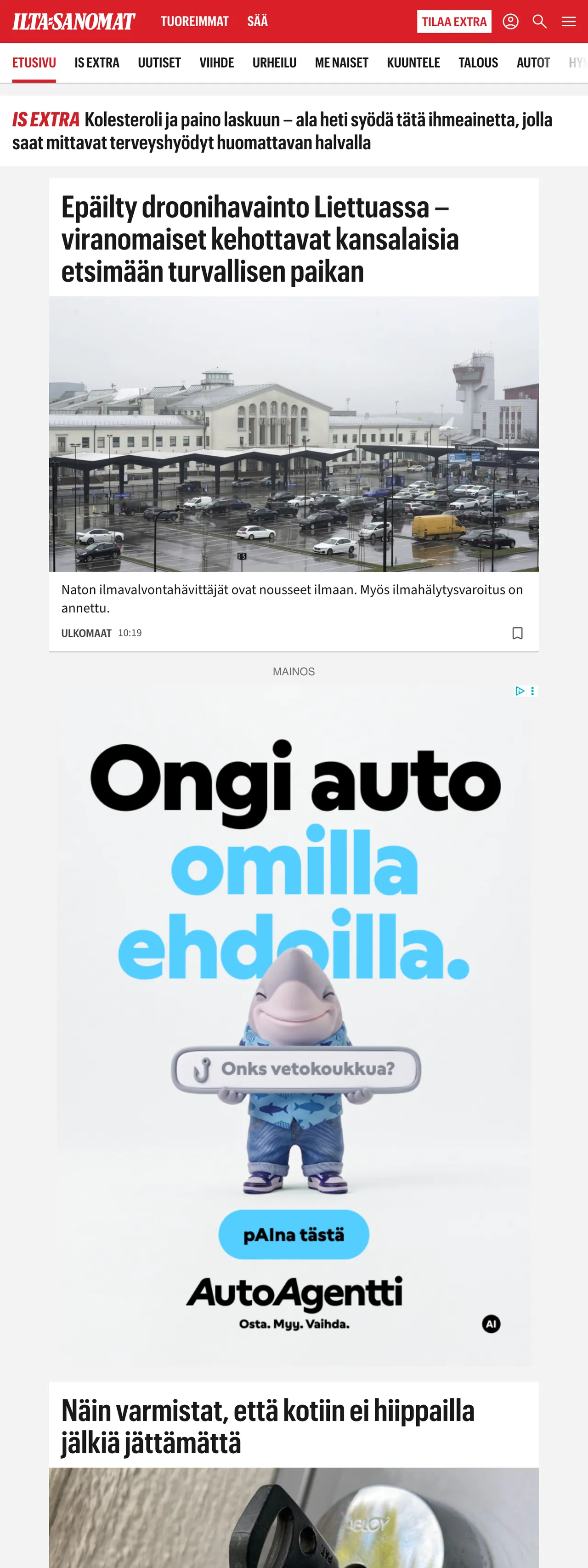 Screenshot of the Ilta-Sanomat front page