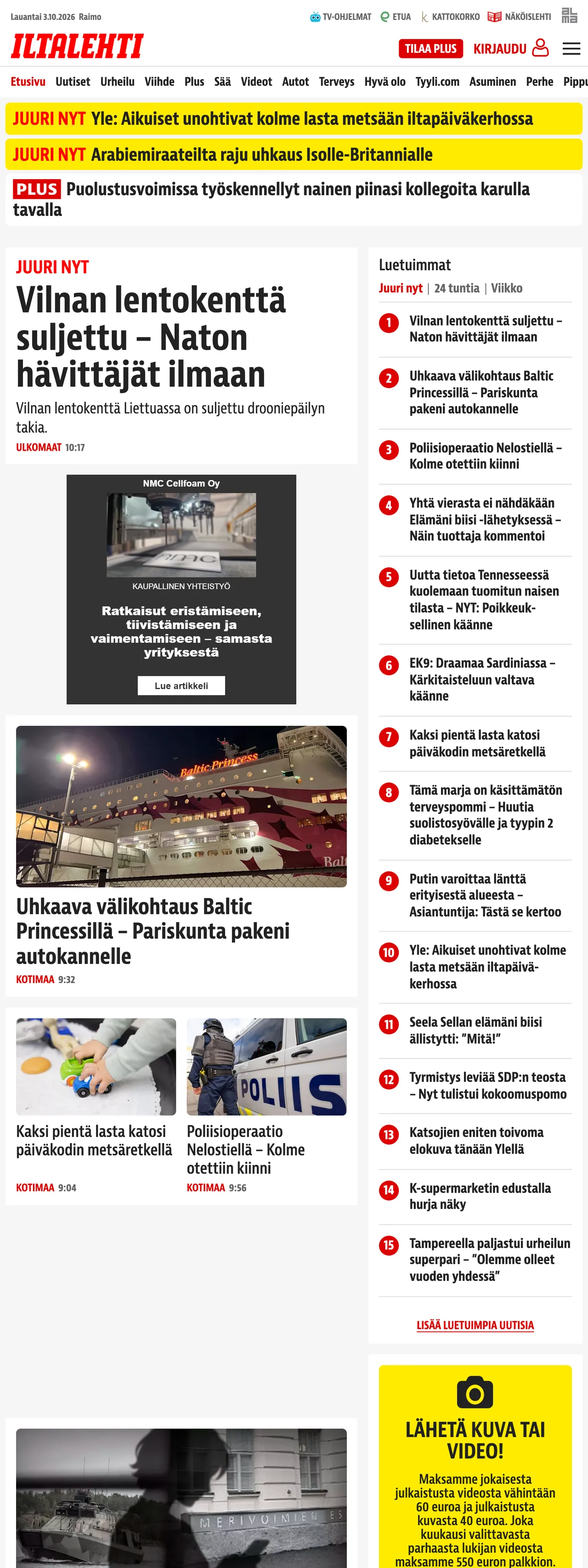 Screenshot of the Iltalehti front page