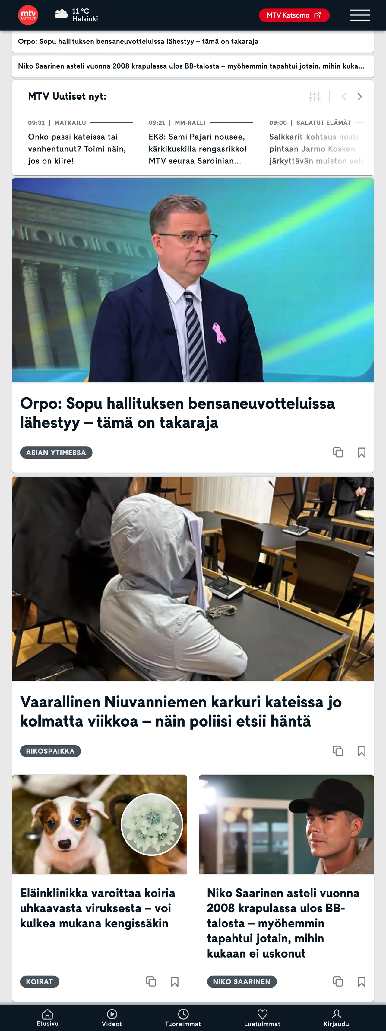 Screenshot of the MTV Uutiset front page