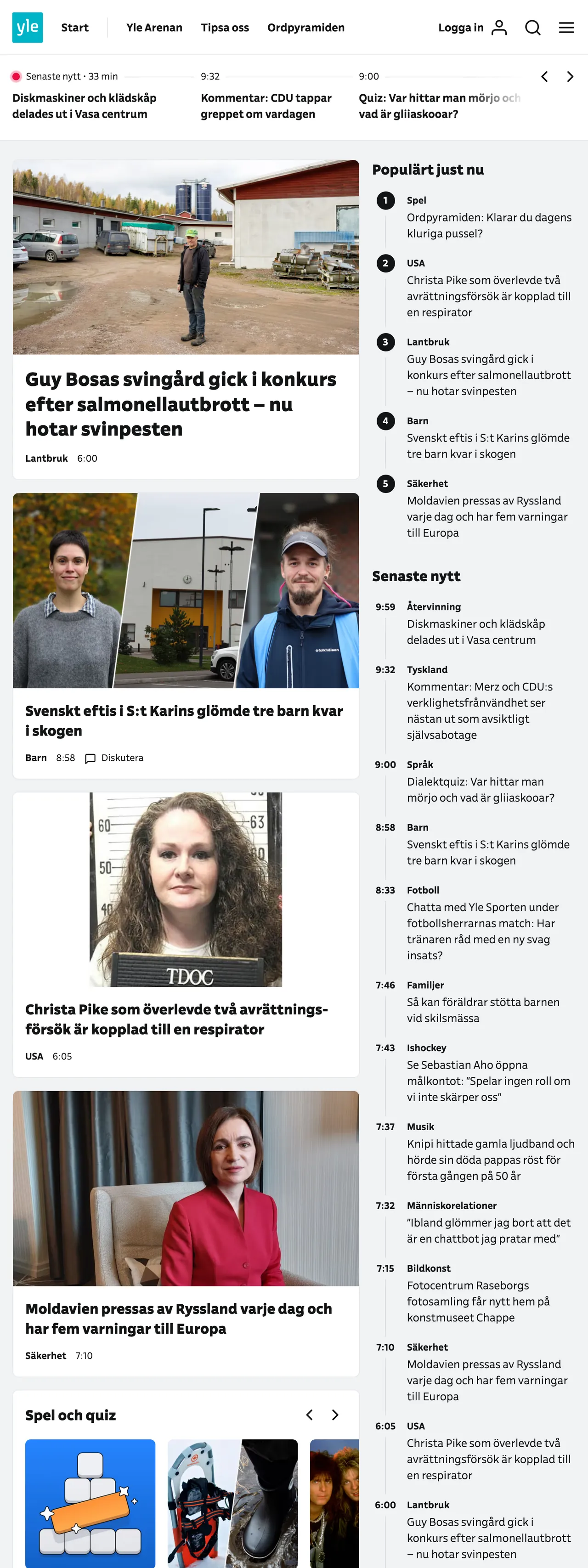 Screenshot of the Svenska Yle front page