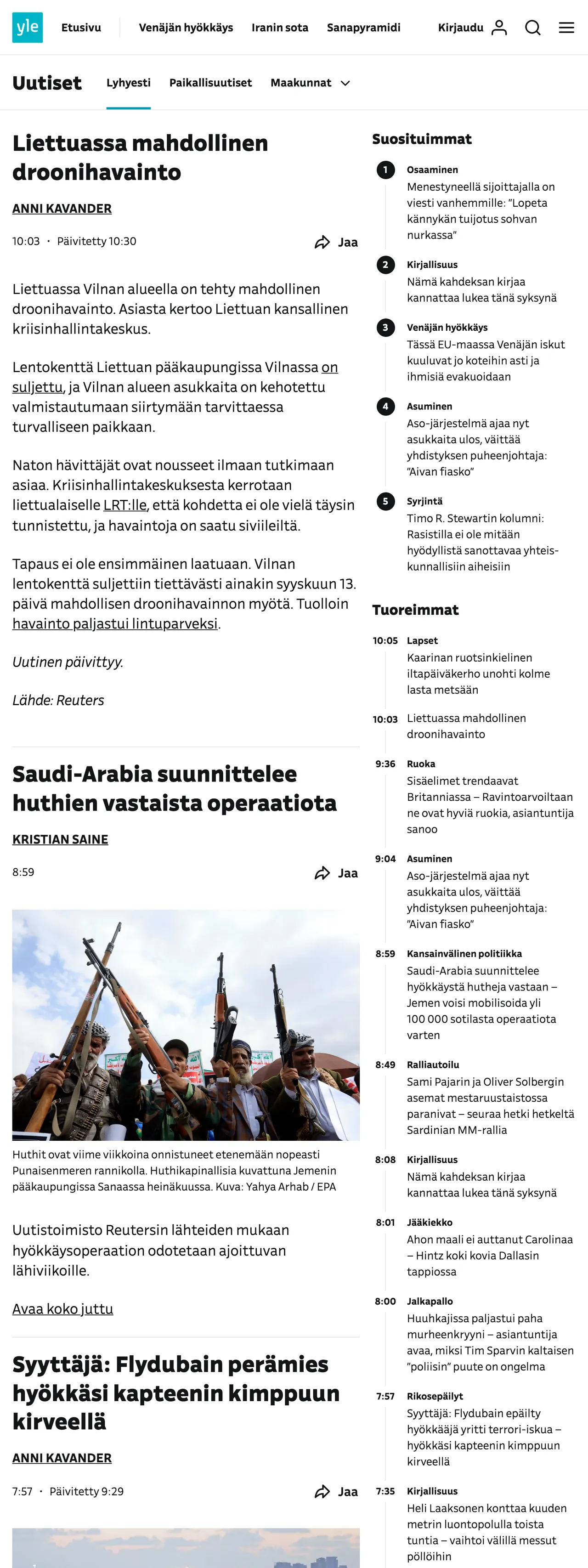 Screenshot of the Yle front page