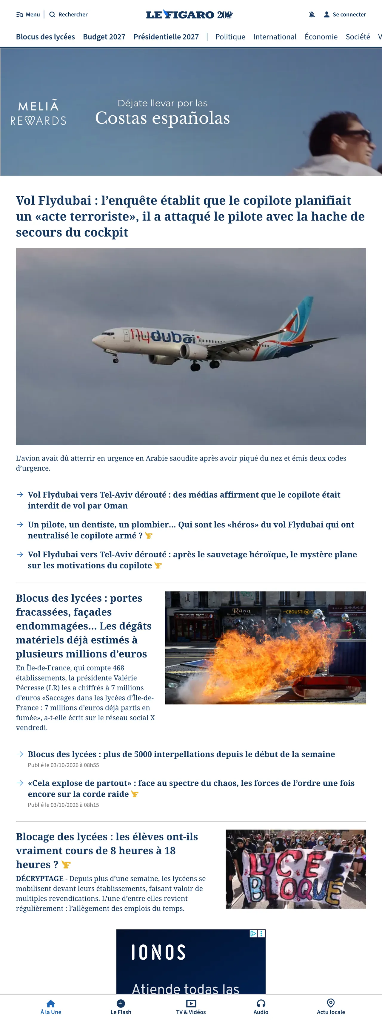 Screenshot of the Le Figaro front page