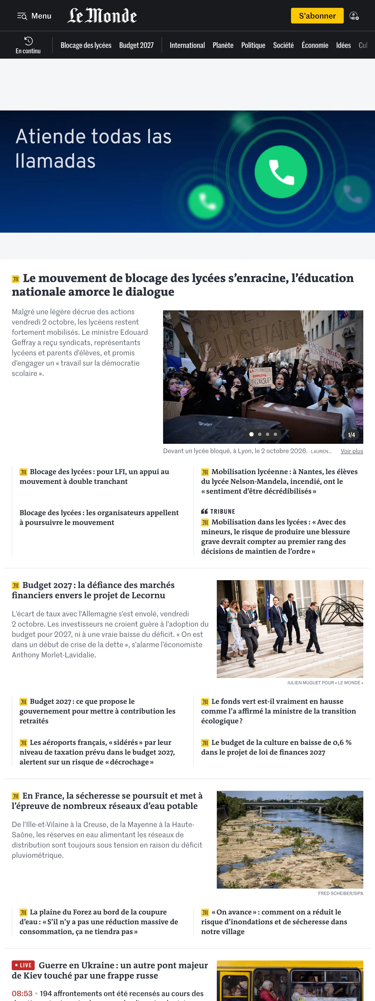 Screenshot of the Le Monde front page