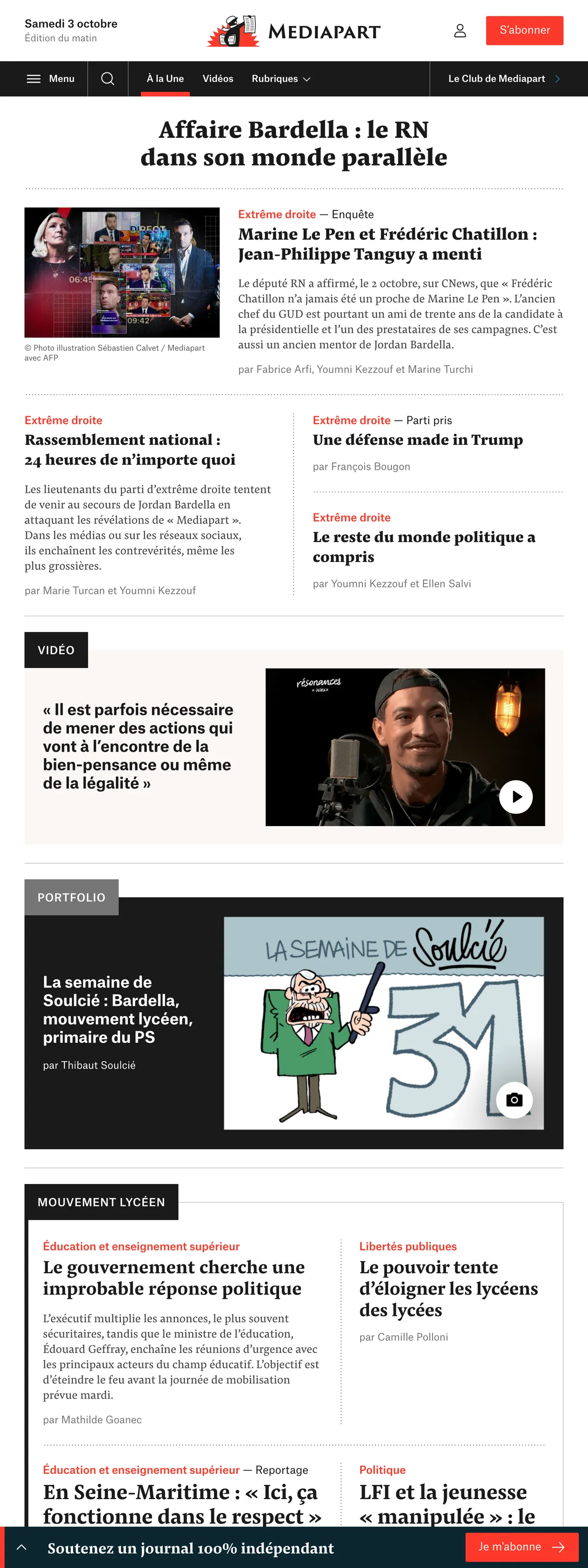 Screenshot of the Mediapart front page