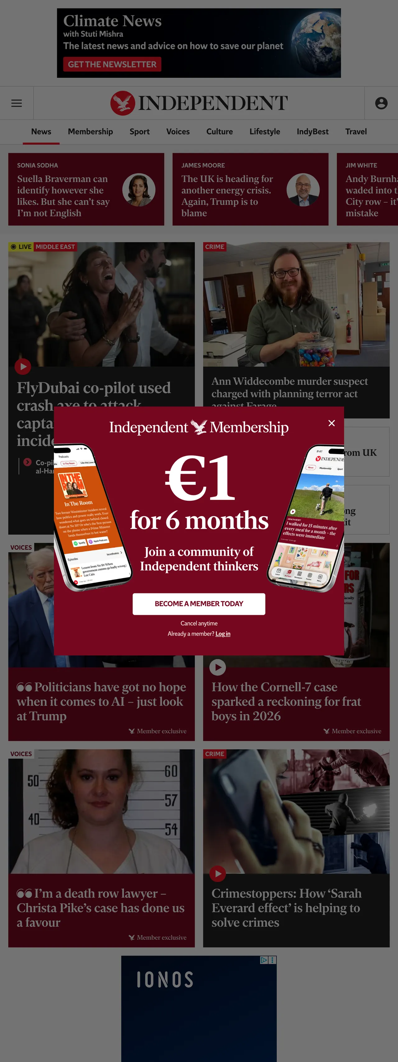Screenshot of the The Independent front page