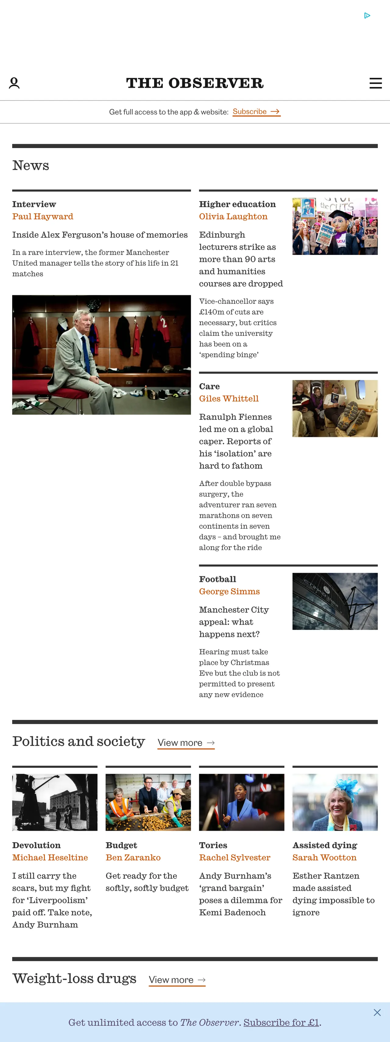Screenshot of the The Observer front page