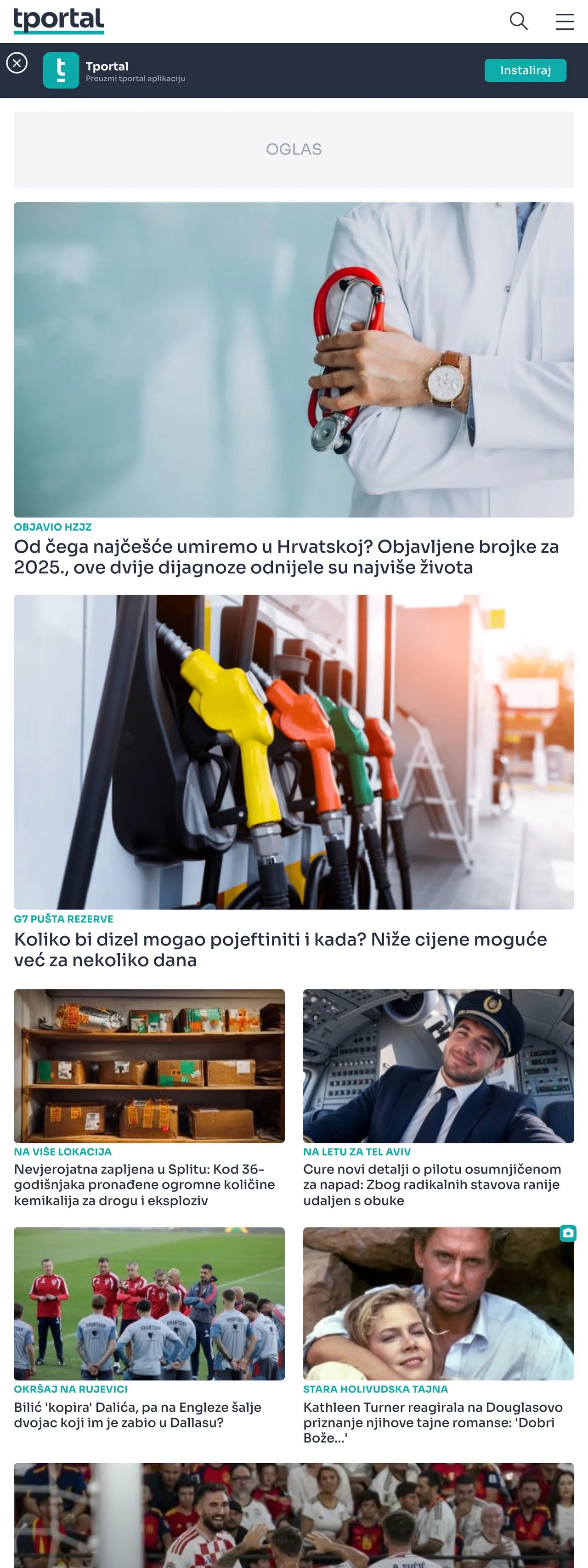 Screenshot of the tportal front page
