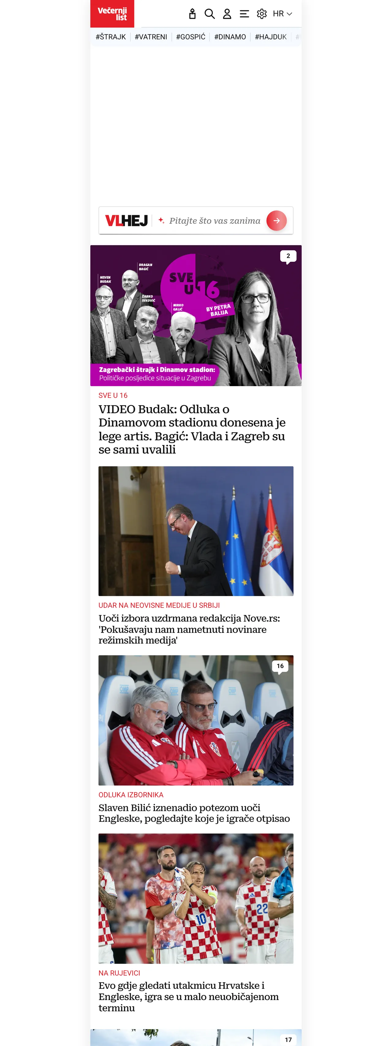 Screenshot of the Večernji list front page