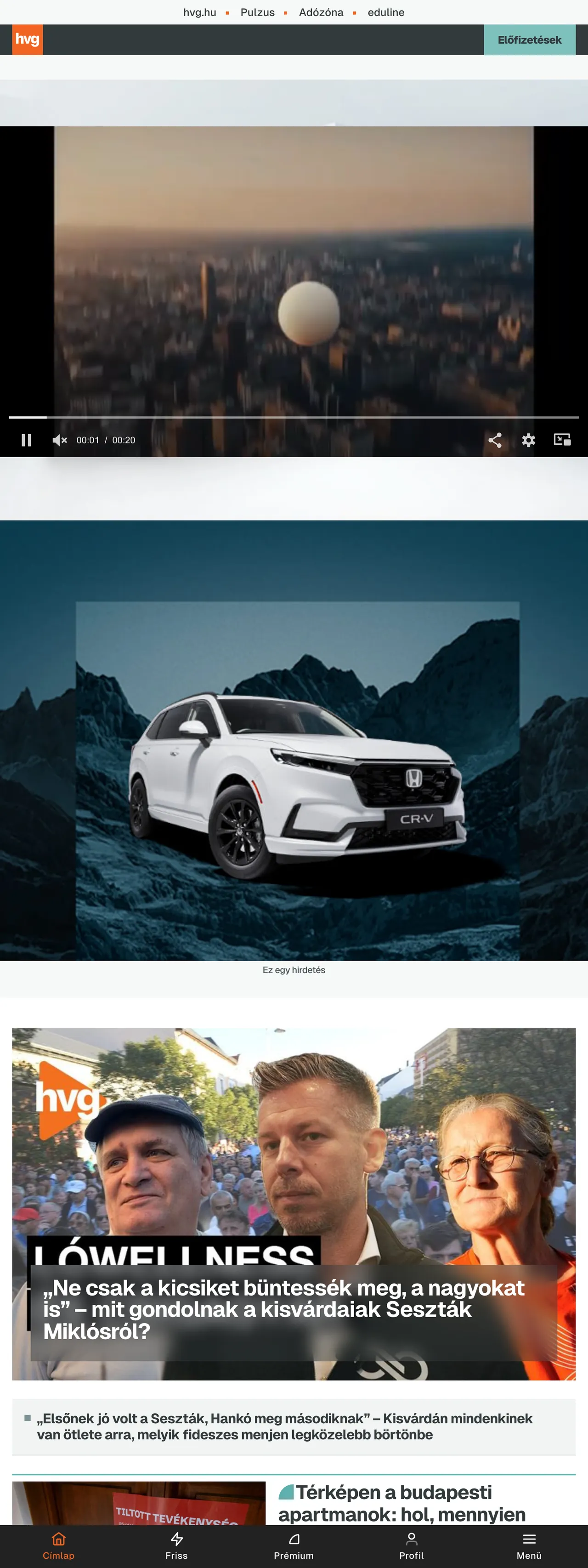 Screenshot of the HVG front page