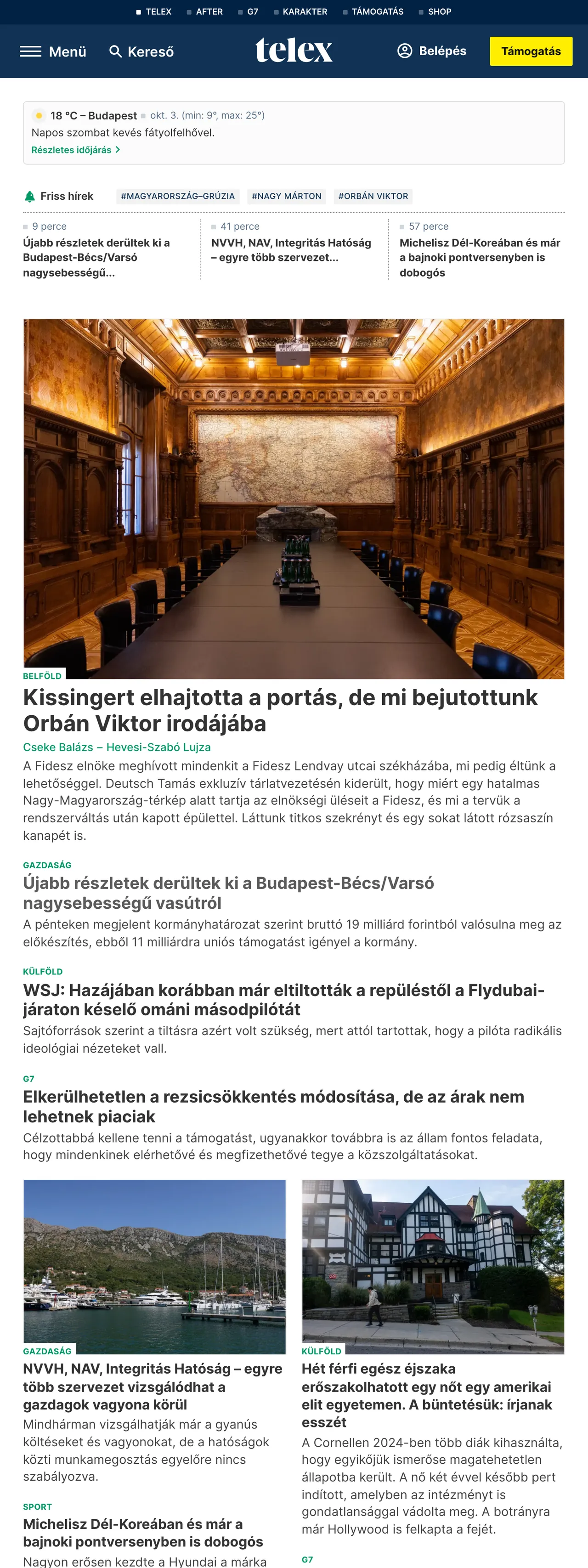 Screenshot of the Telex front page