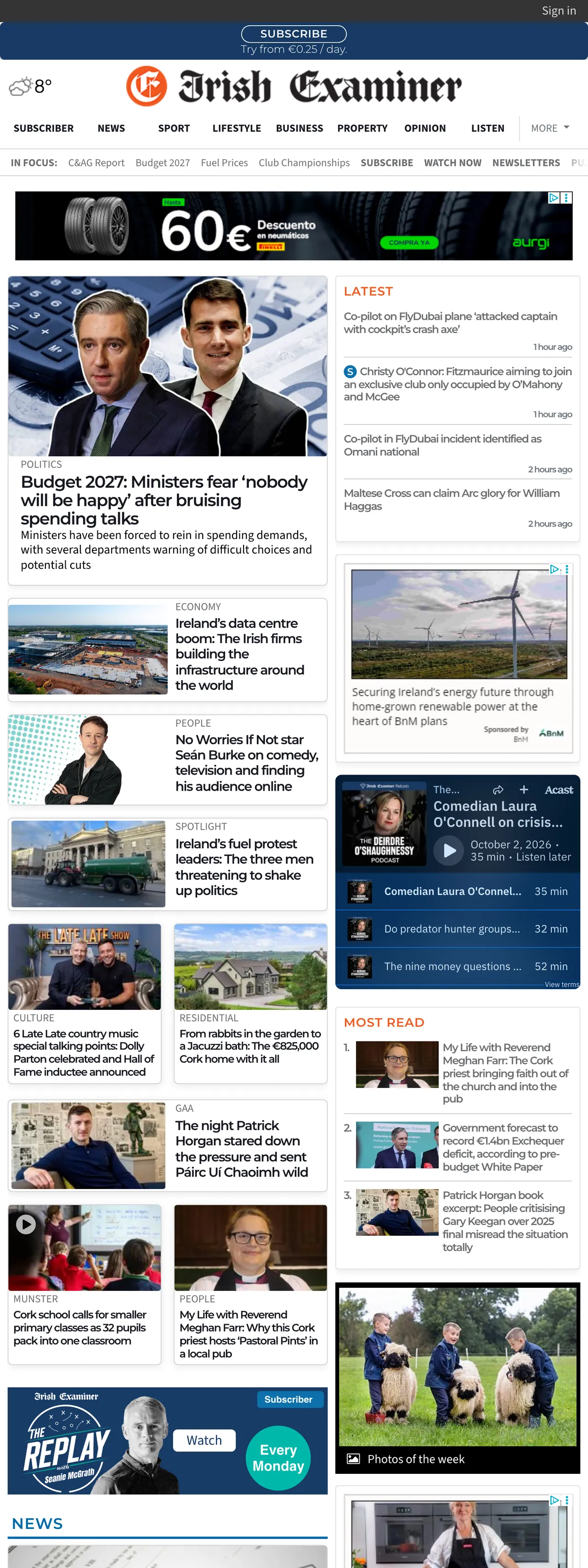 Screenshot of the Irish Examiner front page