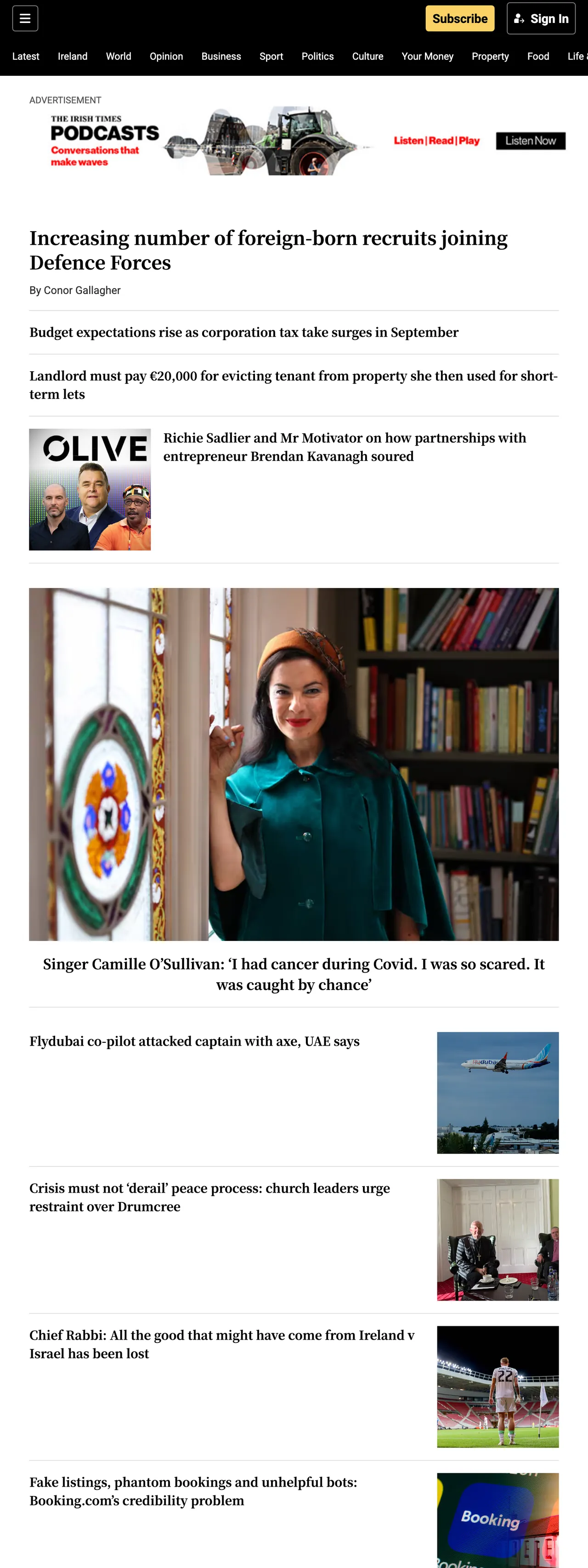 Screenshot of the The Irish Times front page