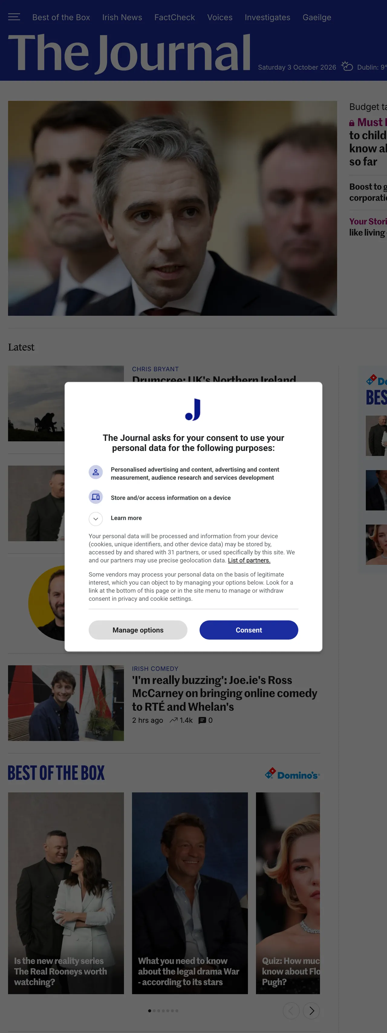 Screenshot of the TheJournal.ie front page