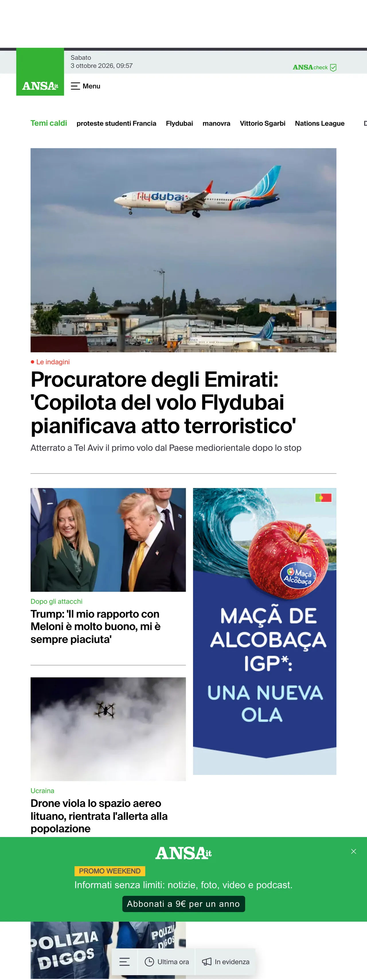 Screenshot of the ANSA front page