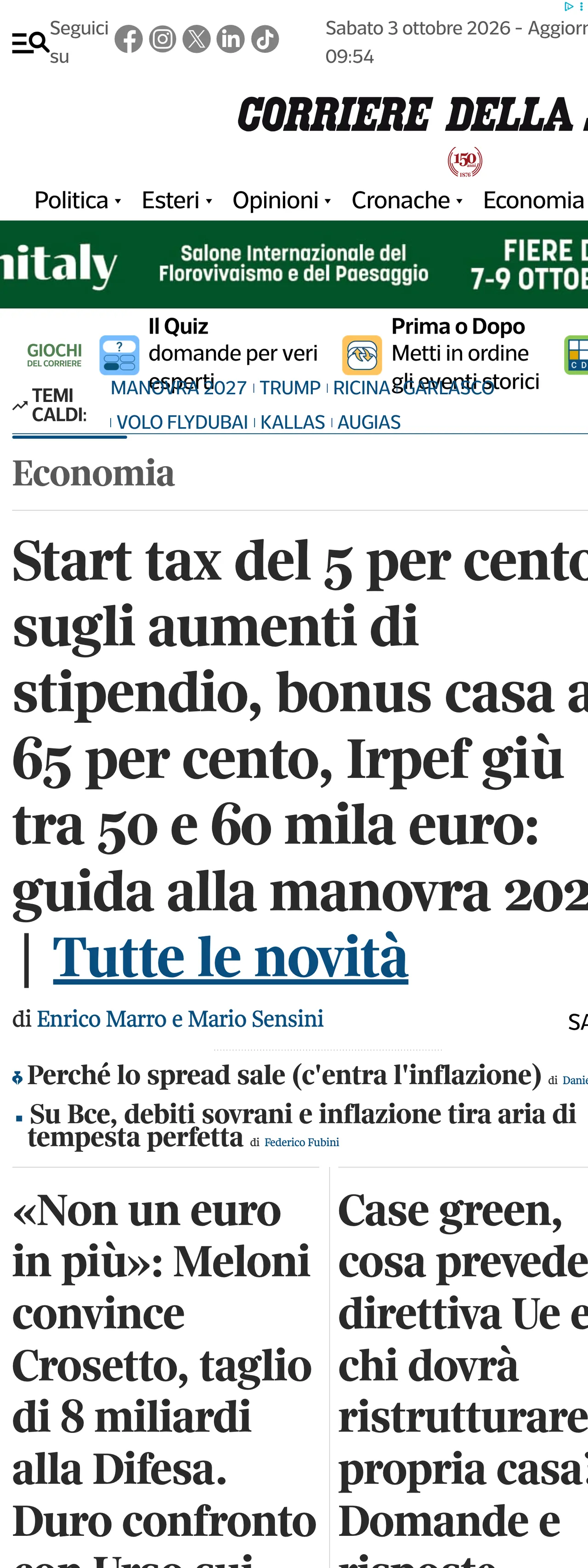 Screenshot of the Corriere della Sera front page