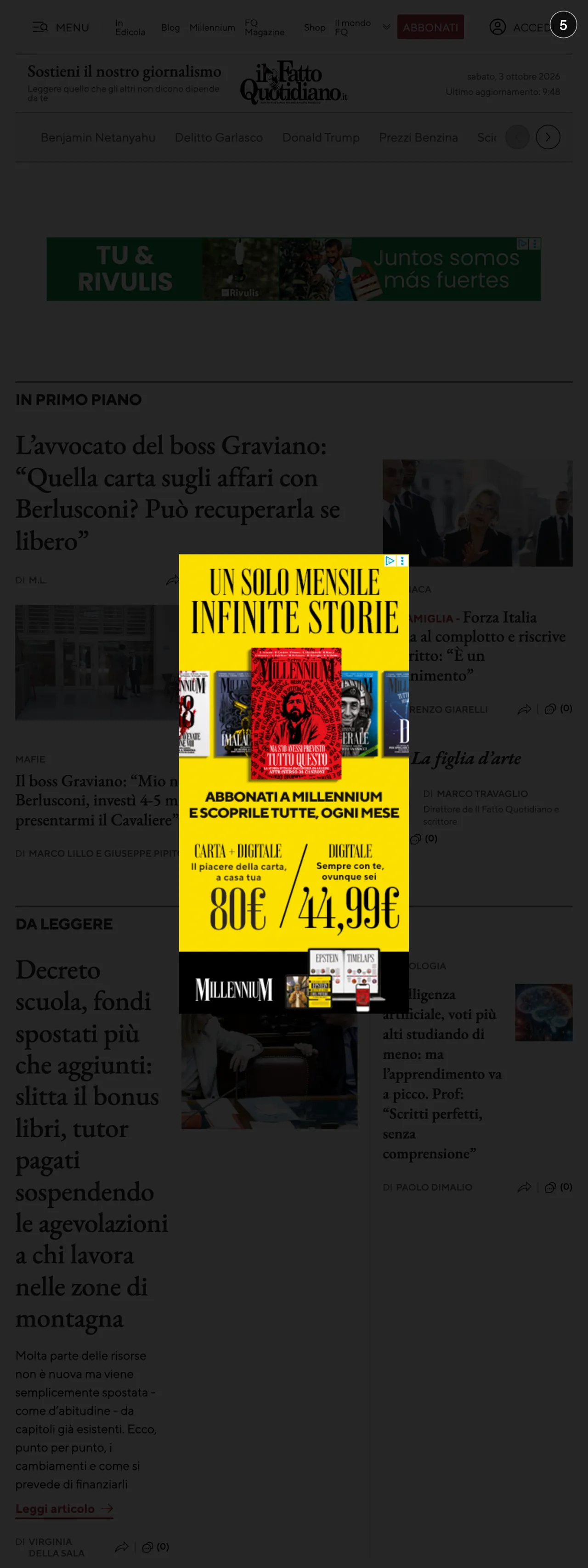 Screenshot of the Il Fatto Quotidiano front page
