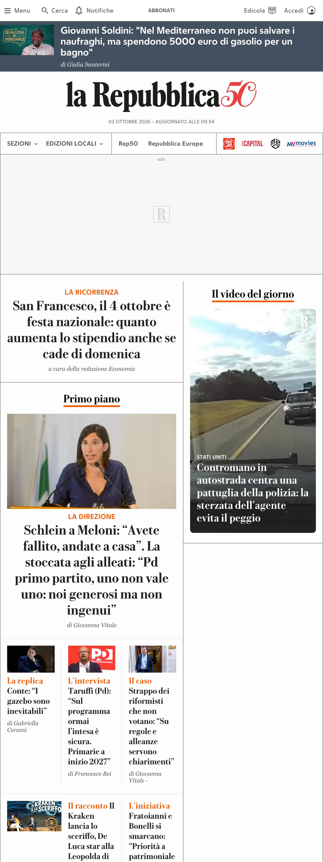 Screenshot of the la Repubblica front page