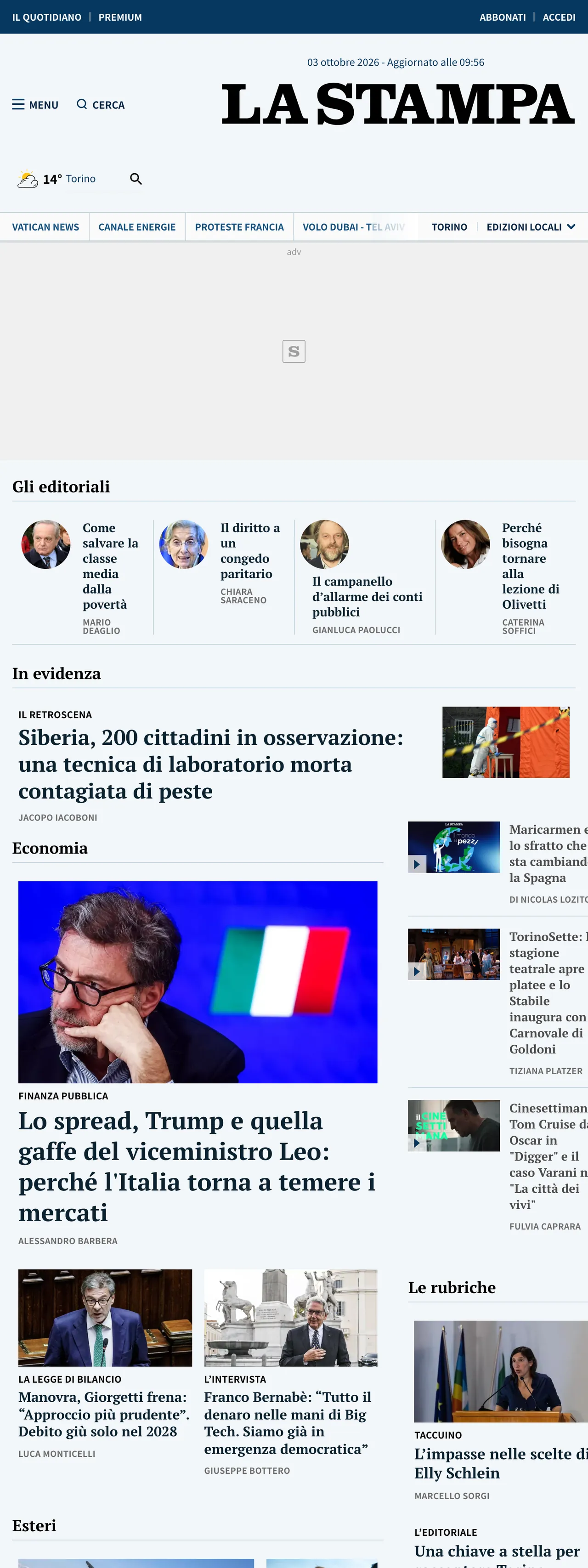 Screenshot of the La Stampa front page