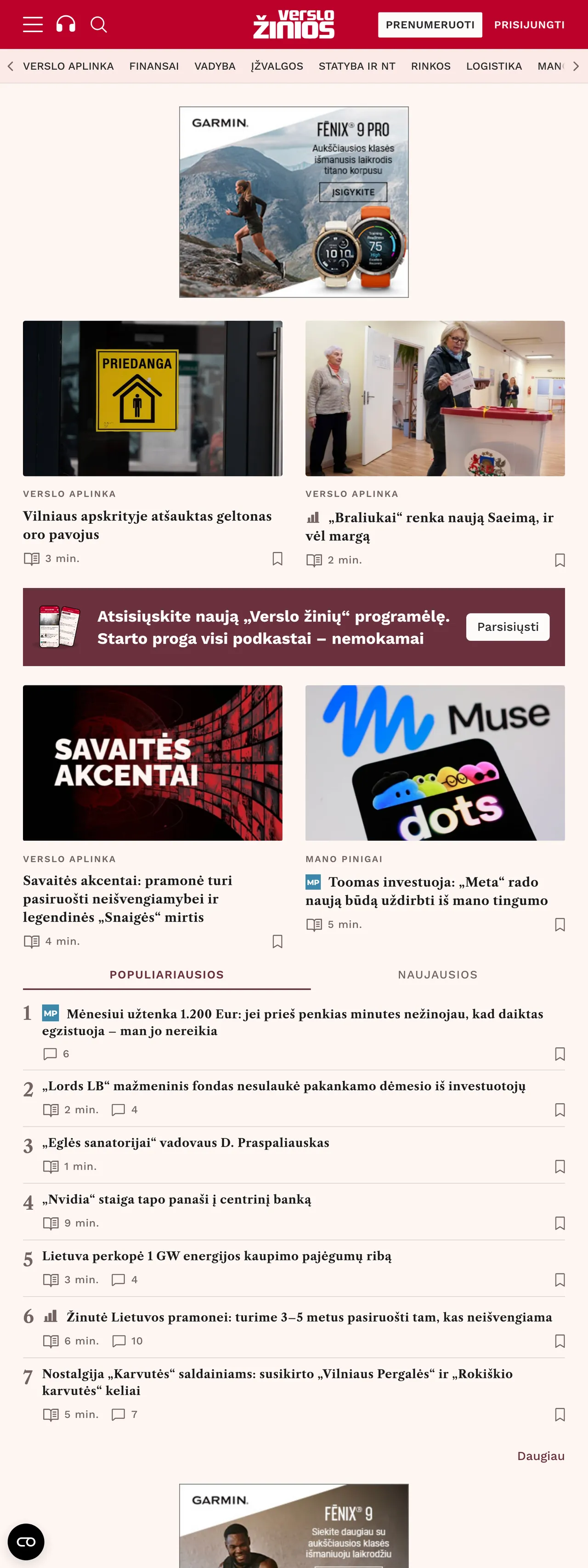 Screenshot of the Verslo žinios front page