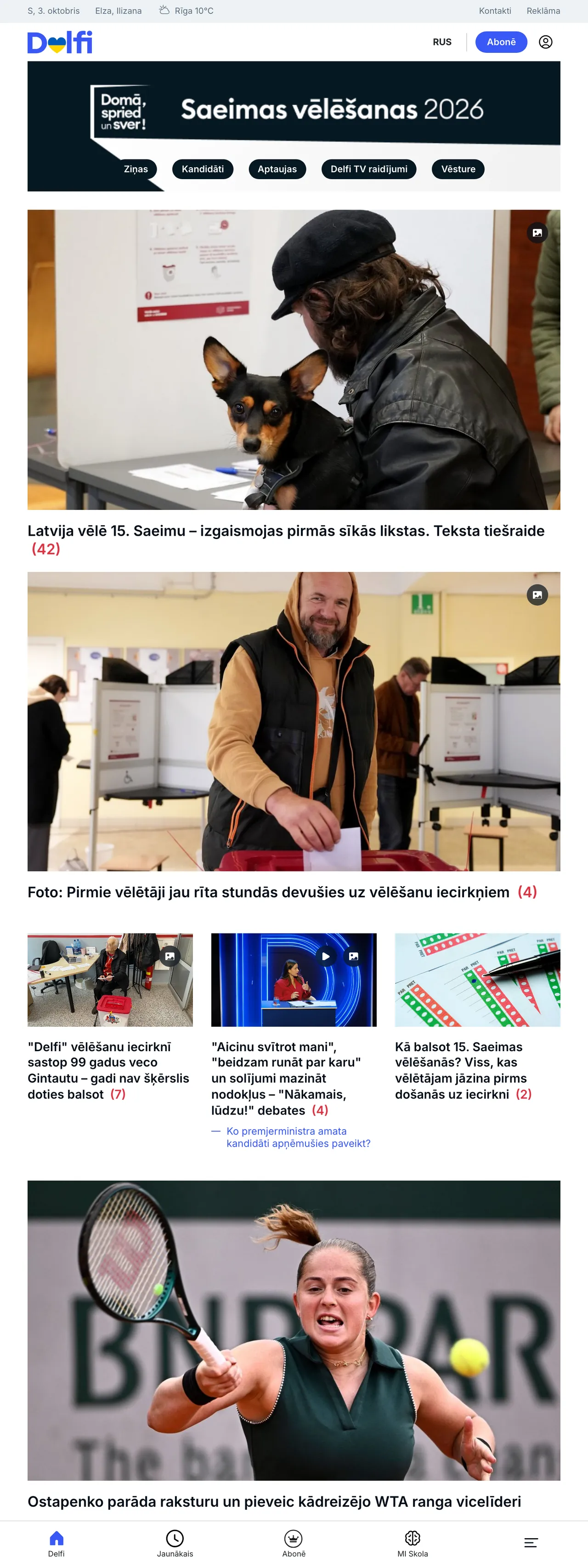 Screenshot of the Delfi front page
