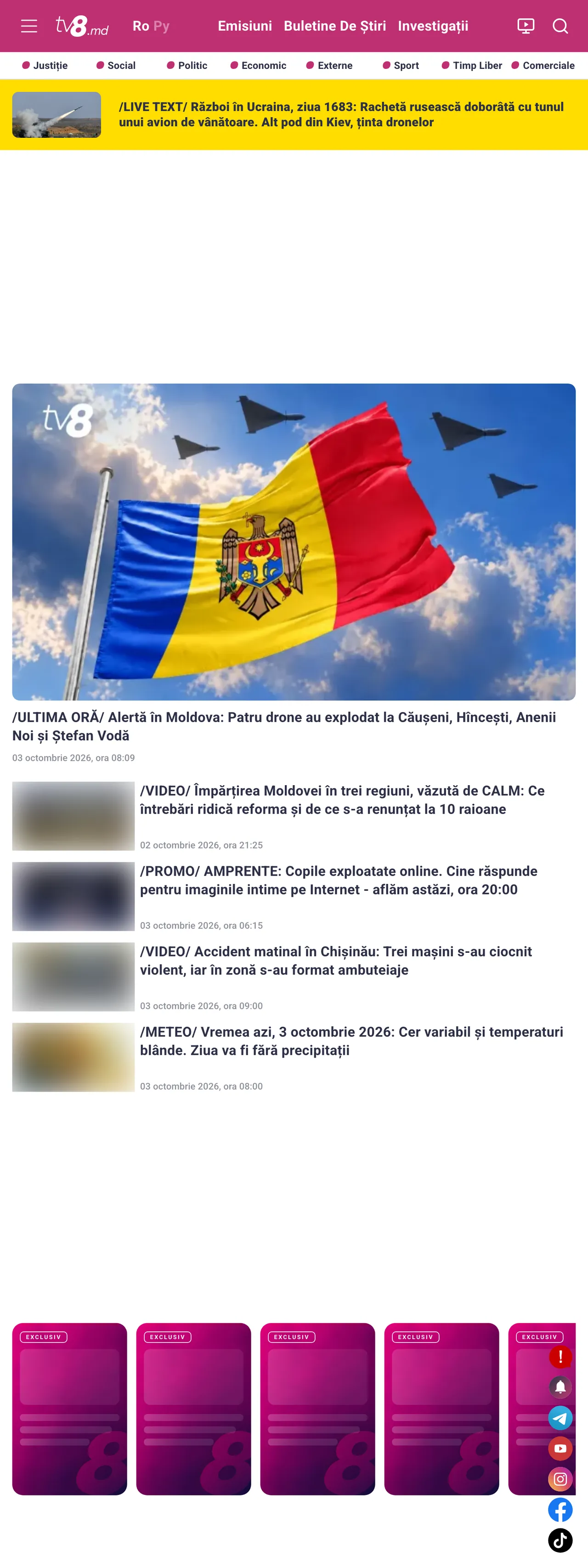 Screenshot of the TV8 front page