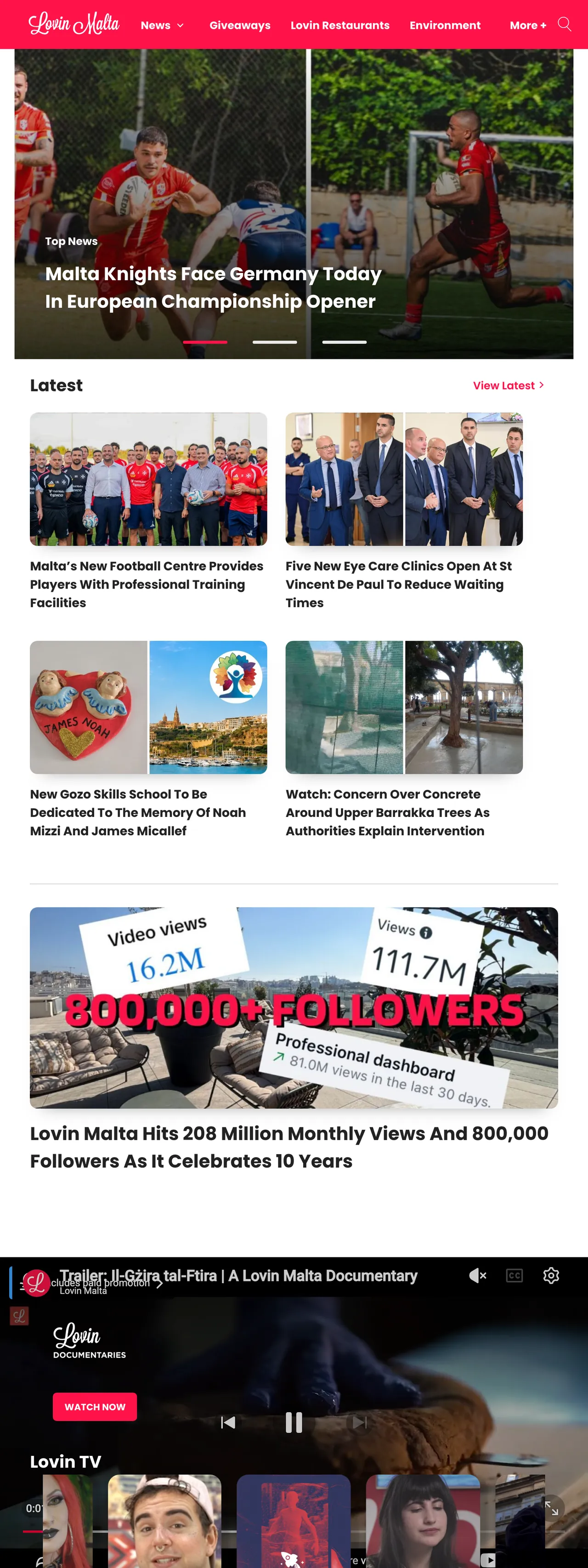 Screenshot of the Lovin Malta front page