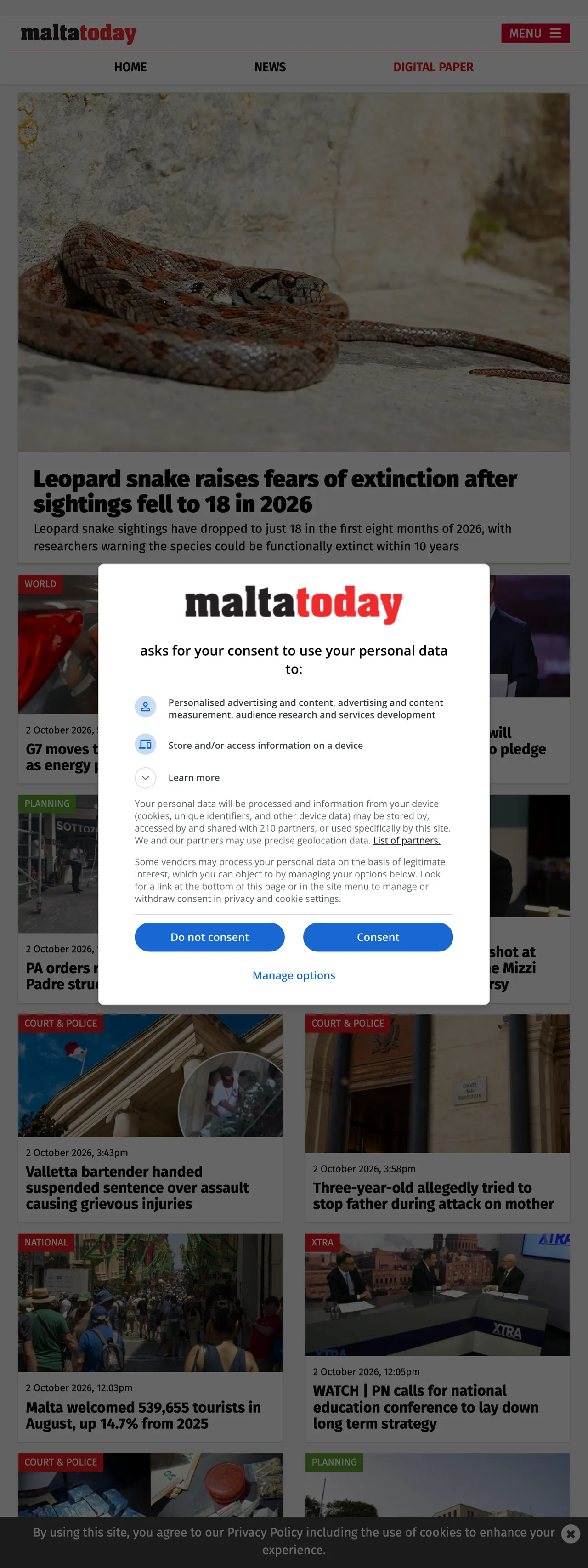 Screenshot of the Malta Today front page