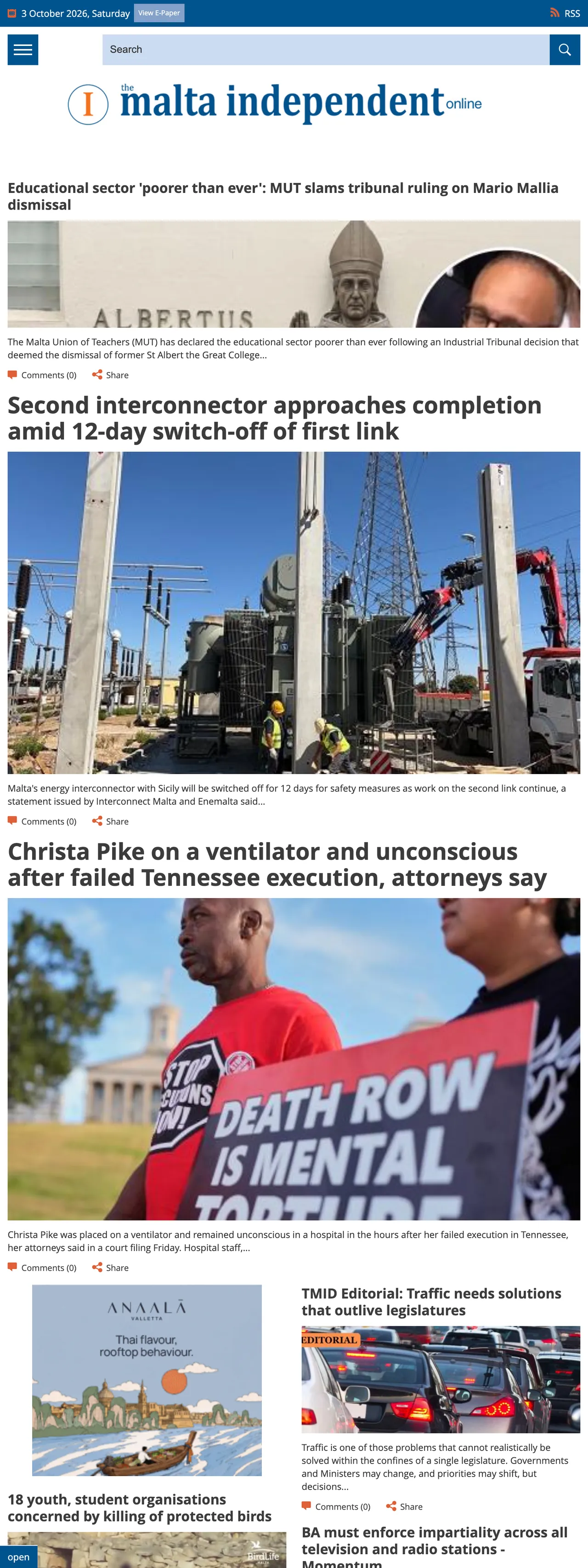Screenshot of the The Malta Independent front page