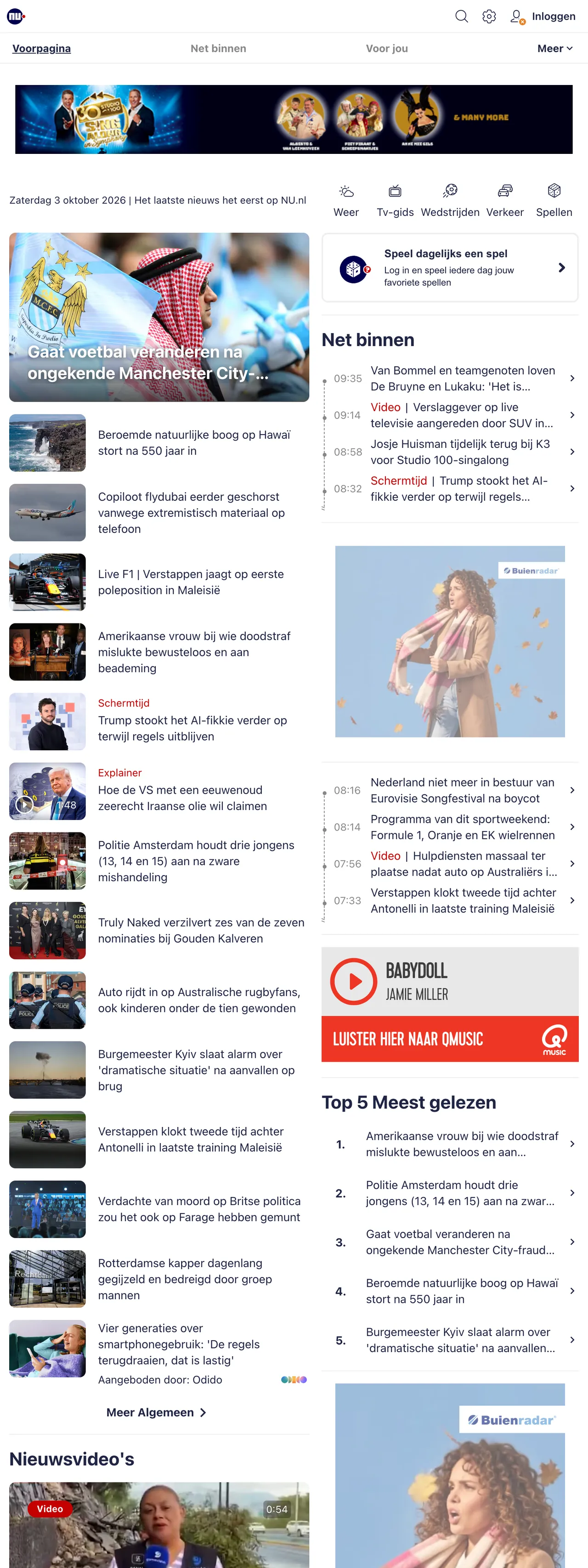 Screenshot of the NU.nl front page