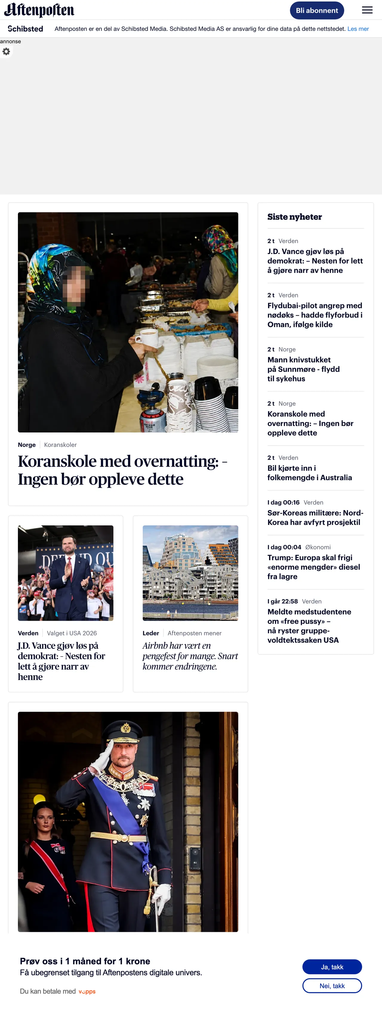 Screenshot of the Aftenposten front page