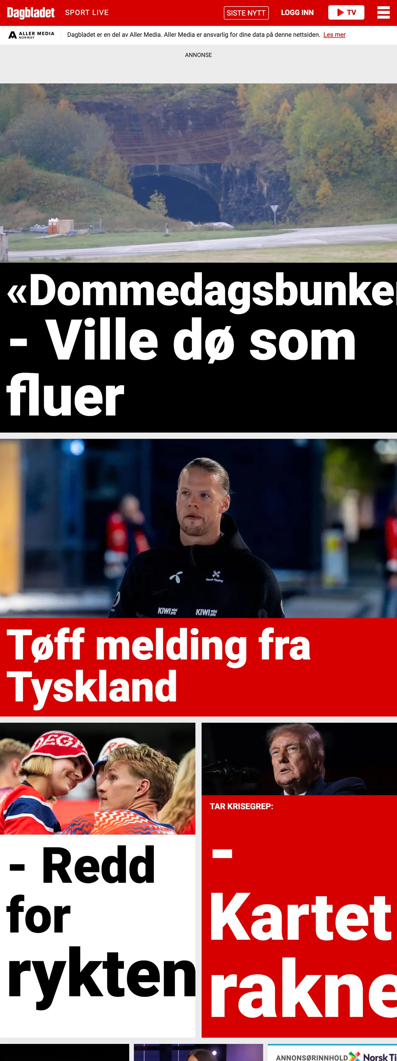 Screenshot of the Dagbladet front page