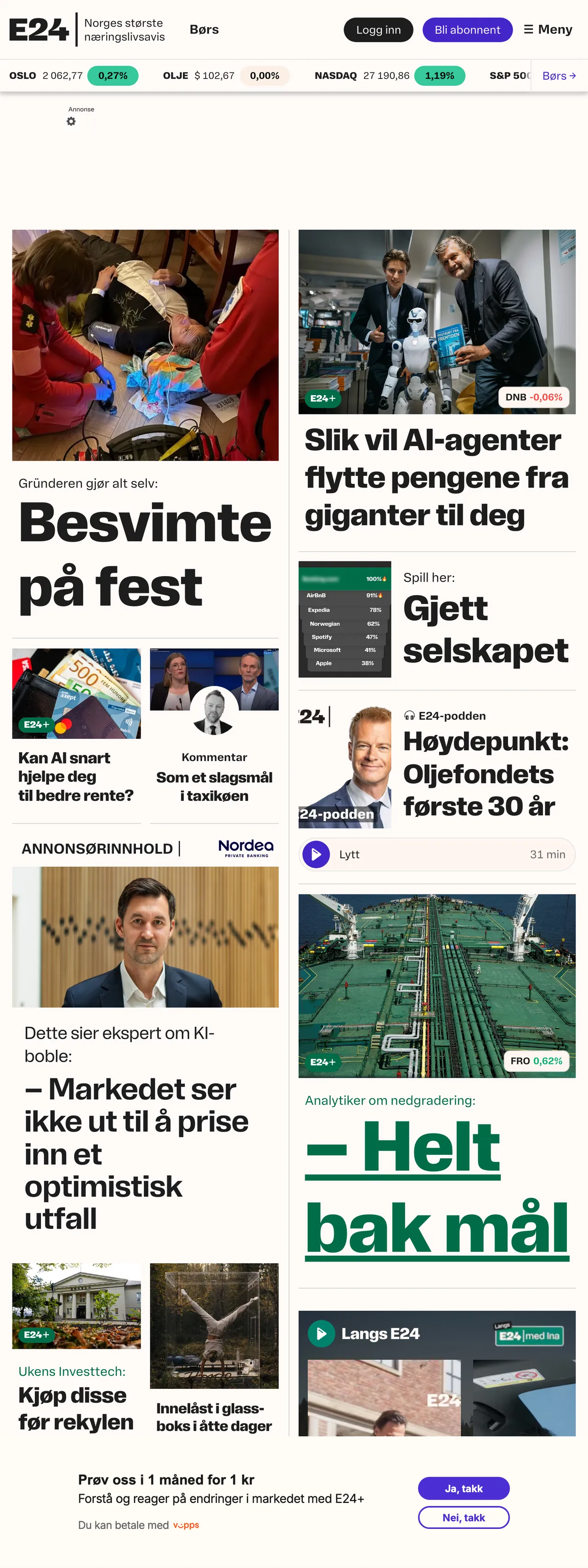 Screenshot of the E24 front page