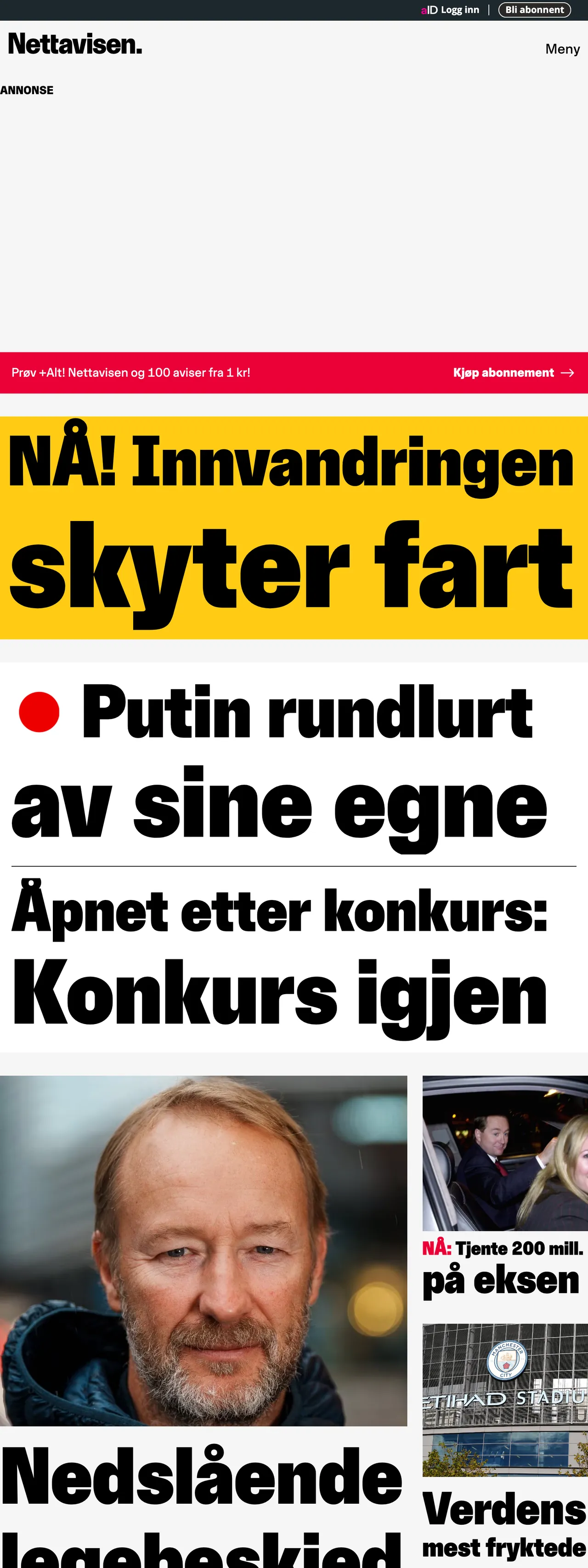 Screenshot of the Nettavisen front page