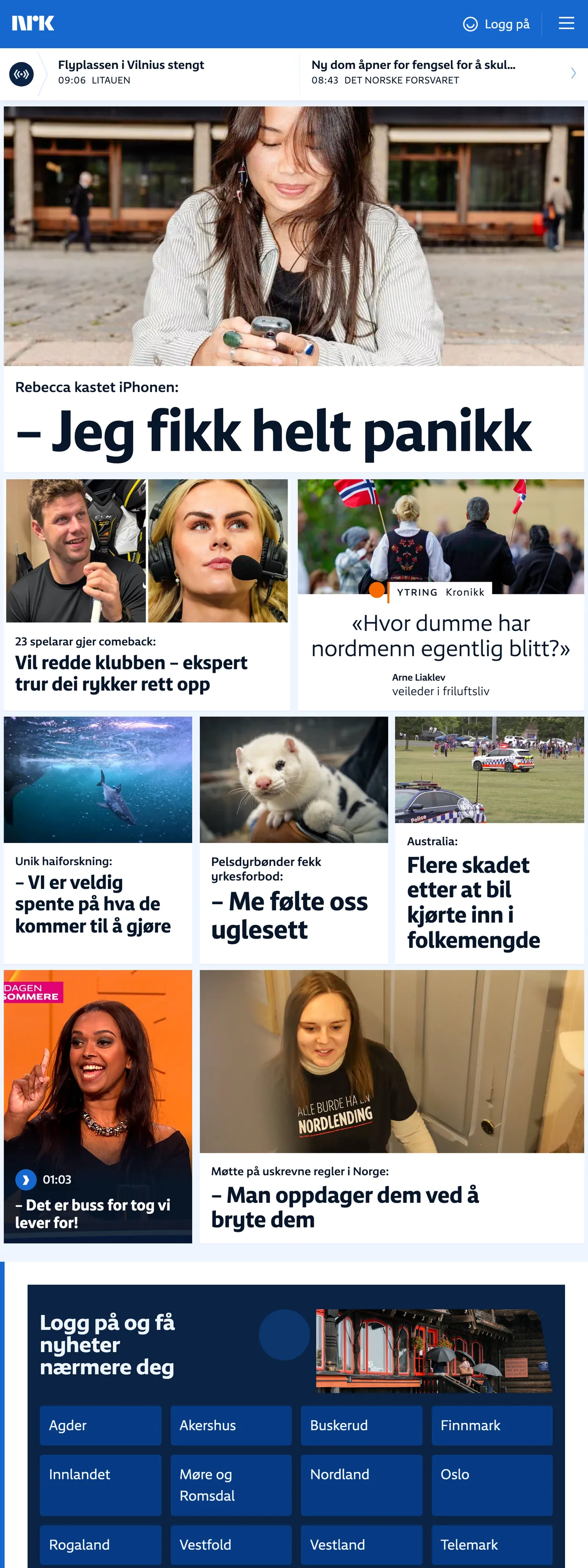 Screenshot of the NRK front page