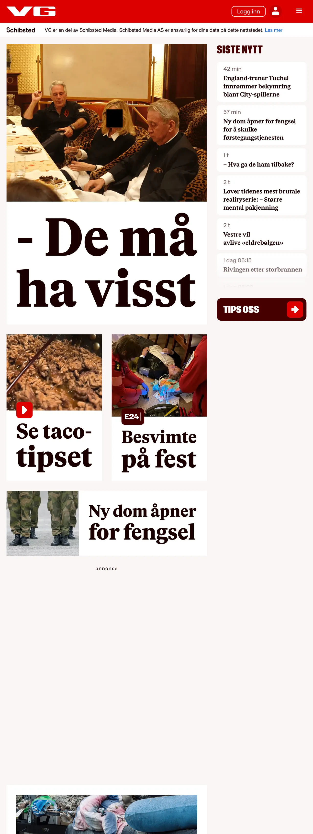 Screenshot of the VG front page