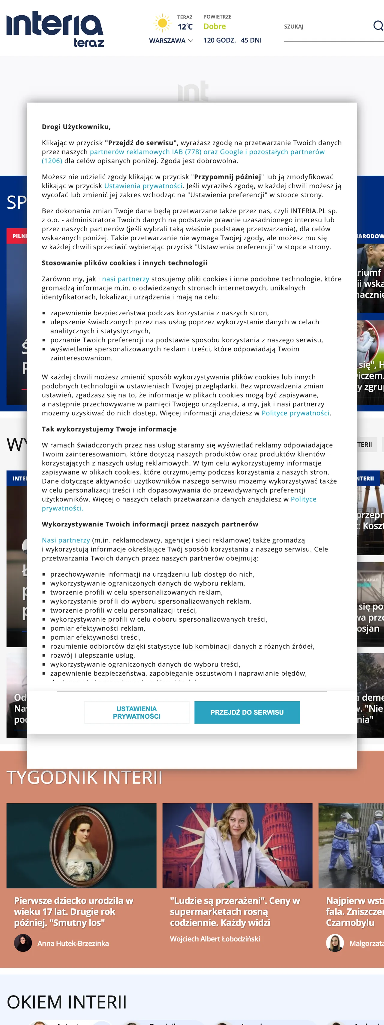 Screenshot of the Interia front page