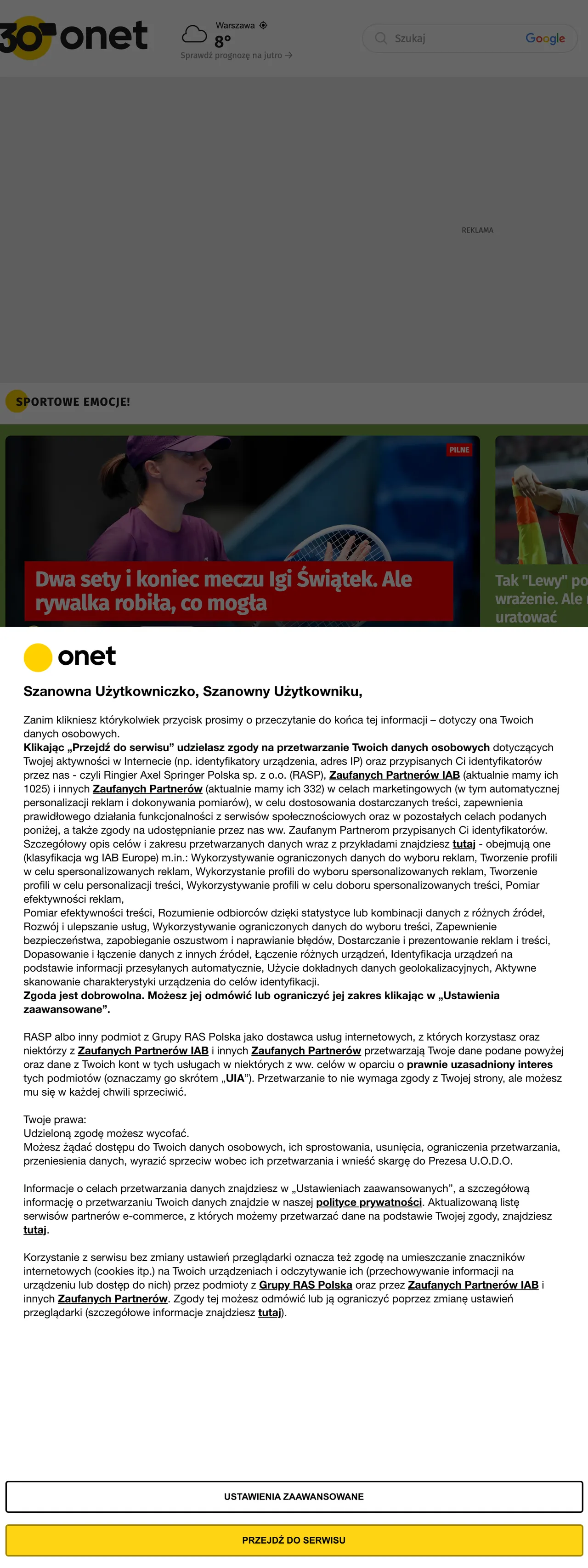 Screenshot of the Onet front page