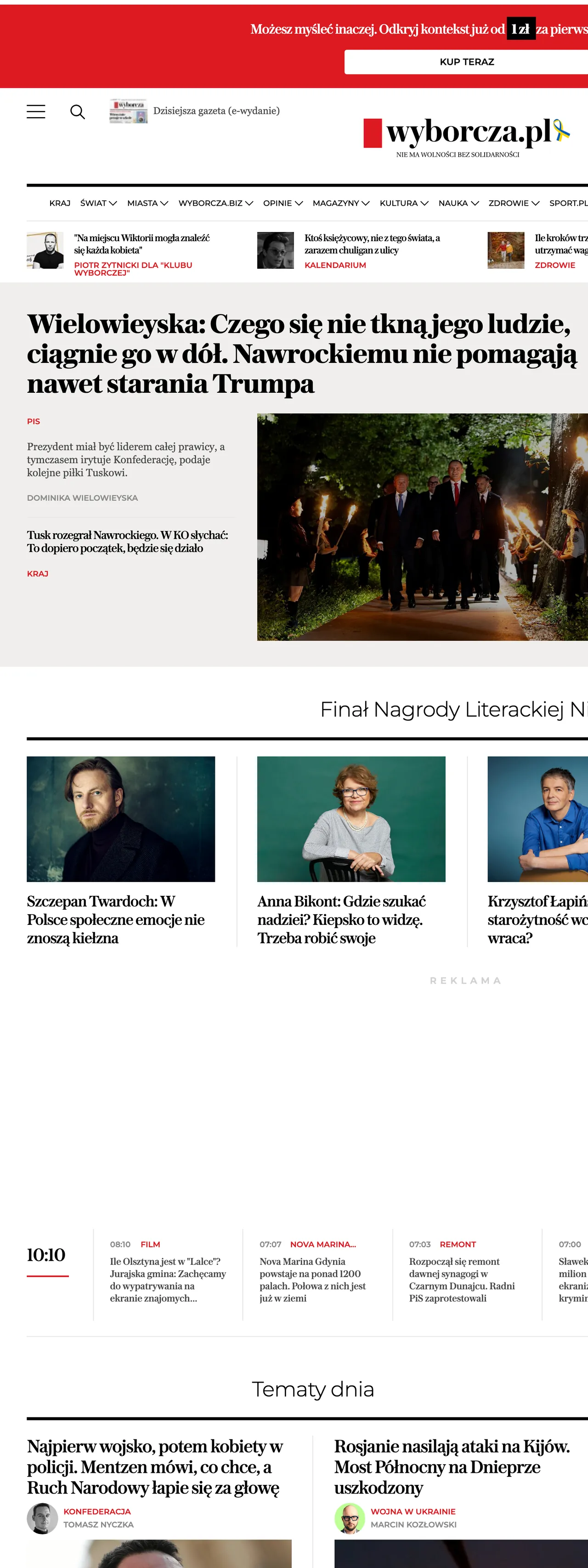 Screenshot of the Wyborcza front page