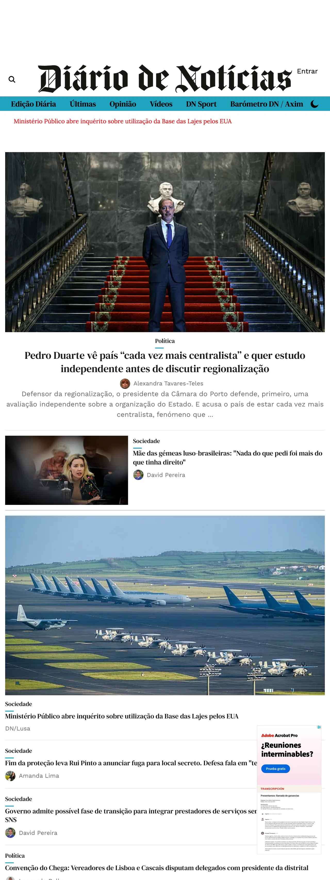 Screenshot of the Diário de Notícias front page