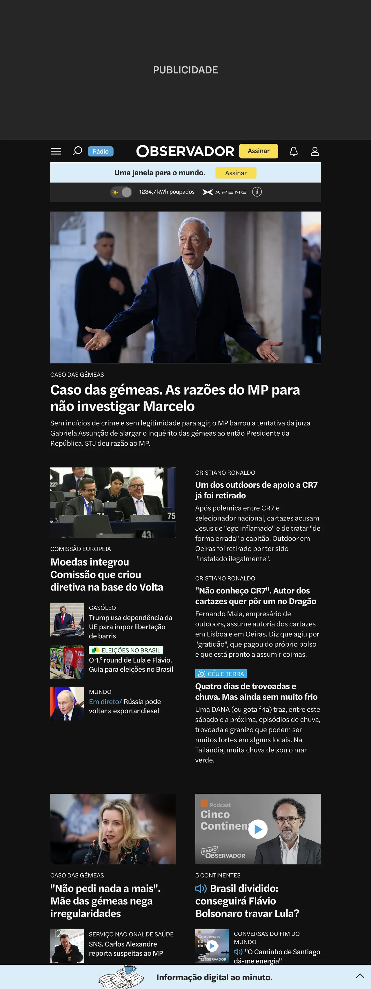Screenshot of the Observador front page