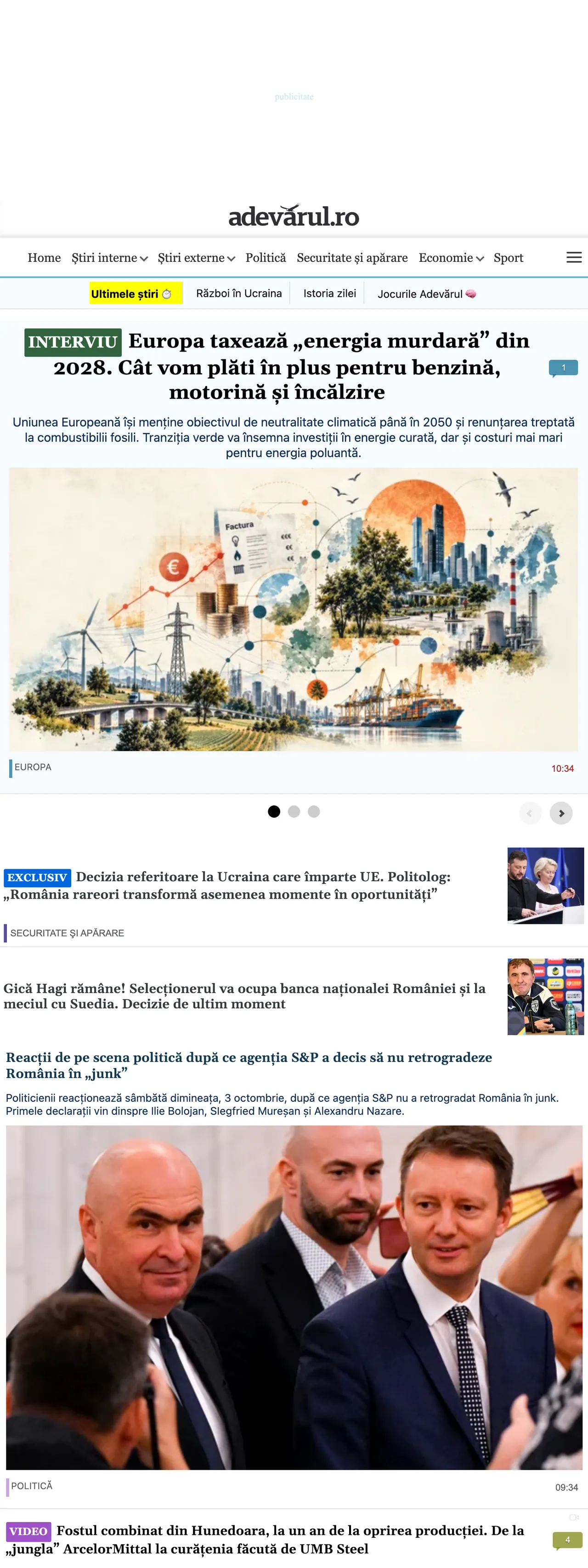 Screenshot of the Adevărul front page