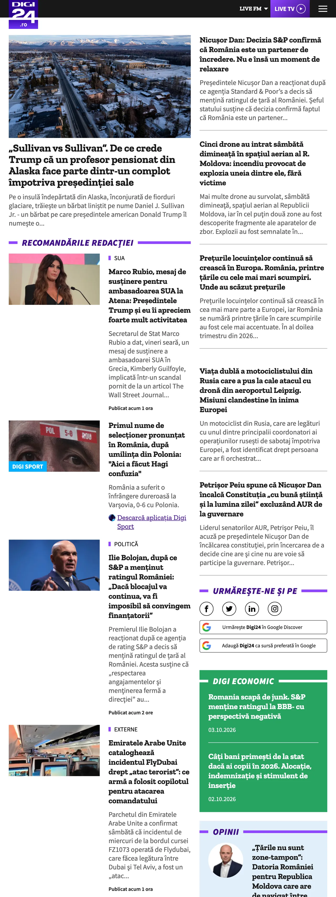 Screenshot of the Digi24 front page