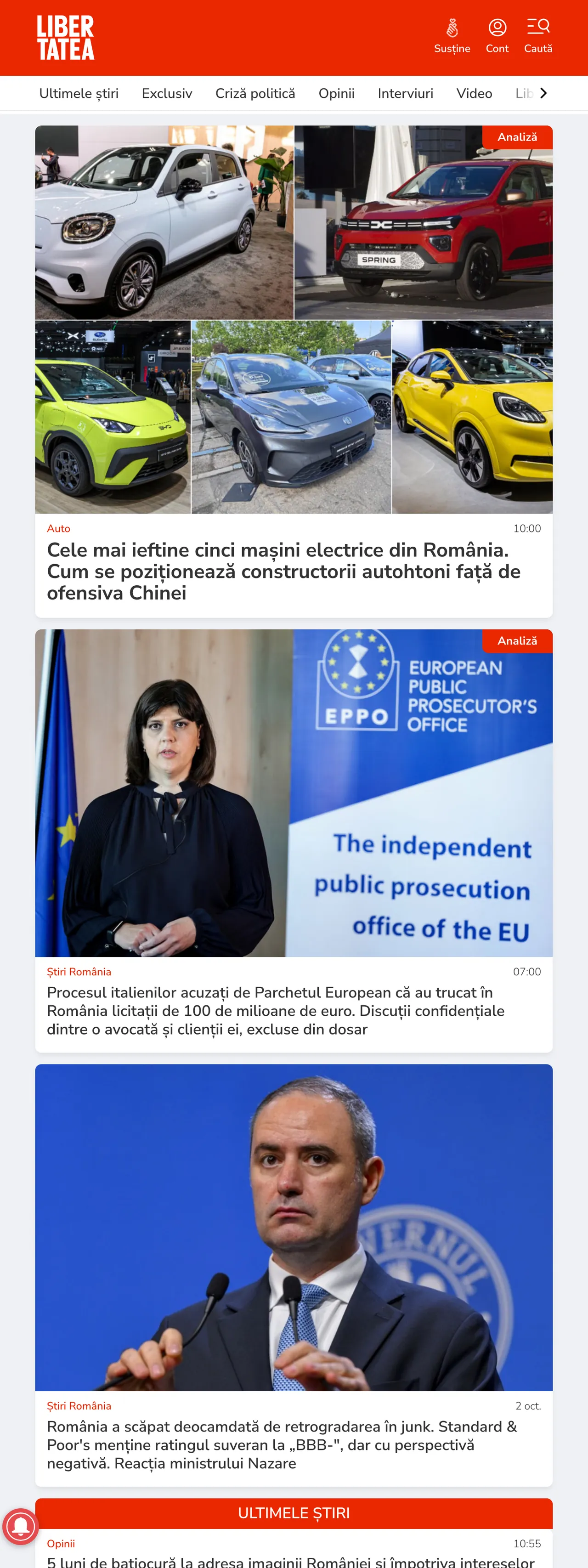 Screenshot of the Libertatea front page